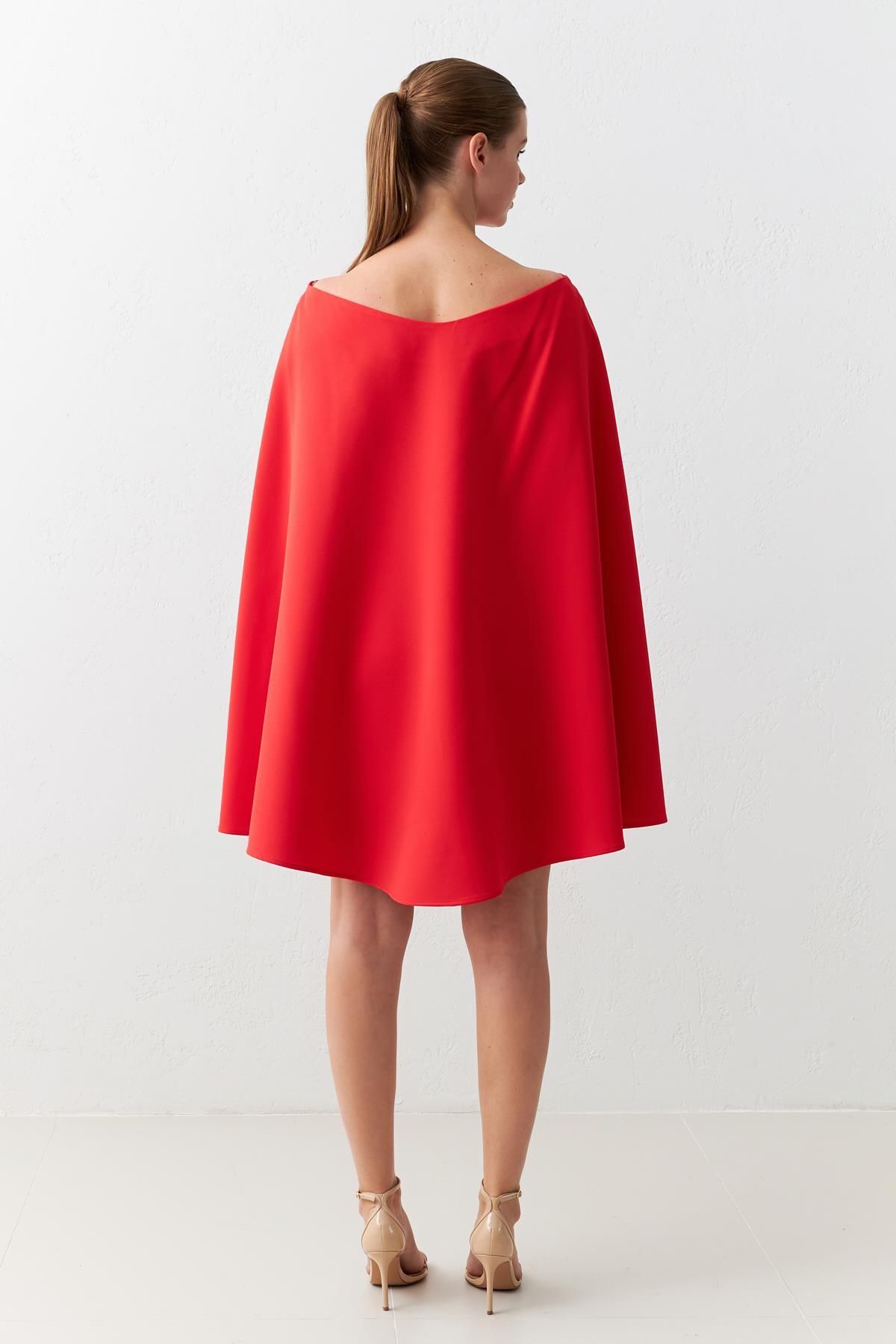 Setre-Red Mini Dress with Brooch Detail and Cloak - Waist Seated 3