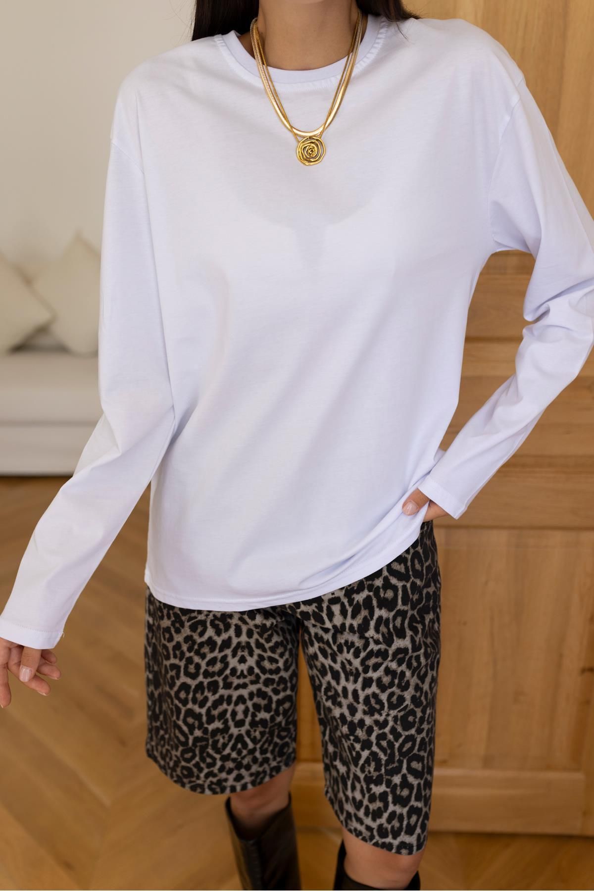 Askı Tekstil Beyaz Basic Bisiklet Yaka Sweatshirt