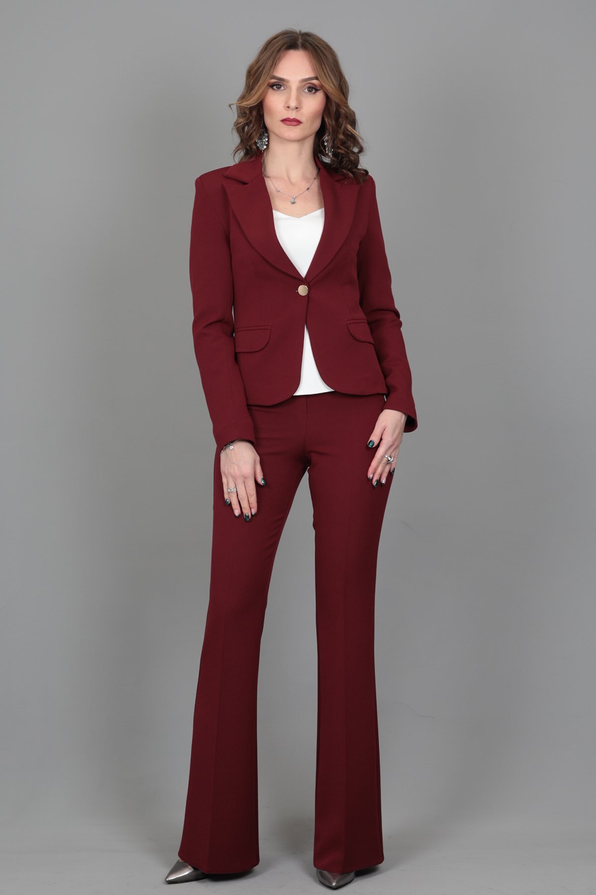 Collared One-Button Jacket & Spanish Leg Pants Set-Burgundy