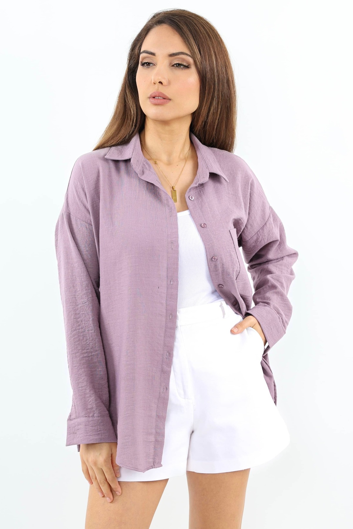 Ritnice Kadın Well Violet Keten Gömlek görsel 6