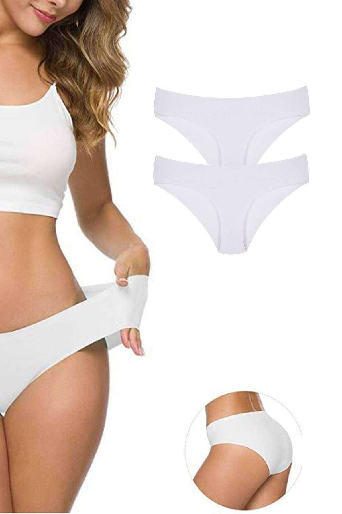 Meleners 2 Adet Kadın Dikişsiz Lazer Kesim Esnek İz yapmayan Külot Beyaz
