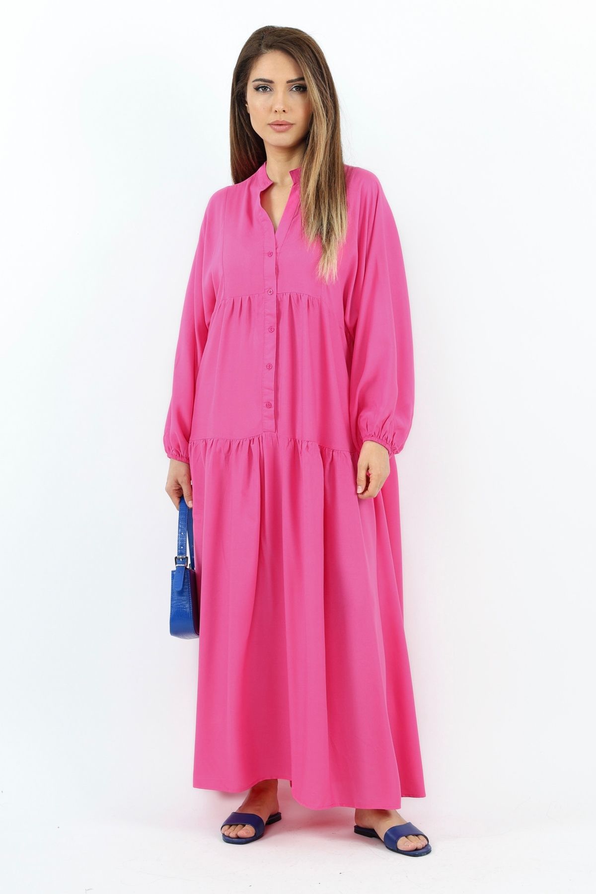 Ritnice-Rochie de damă Fuchsia Prive - 100% viscoză, lungime maxi, mânecă cu balon, vară lungă 5