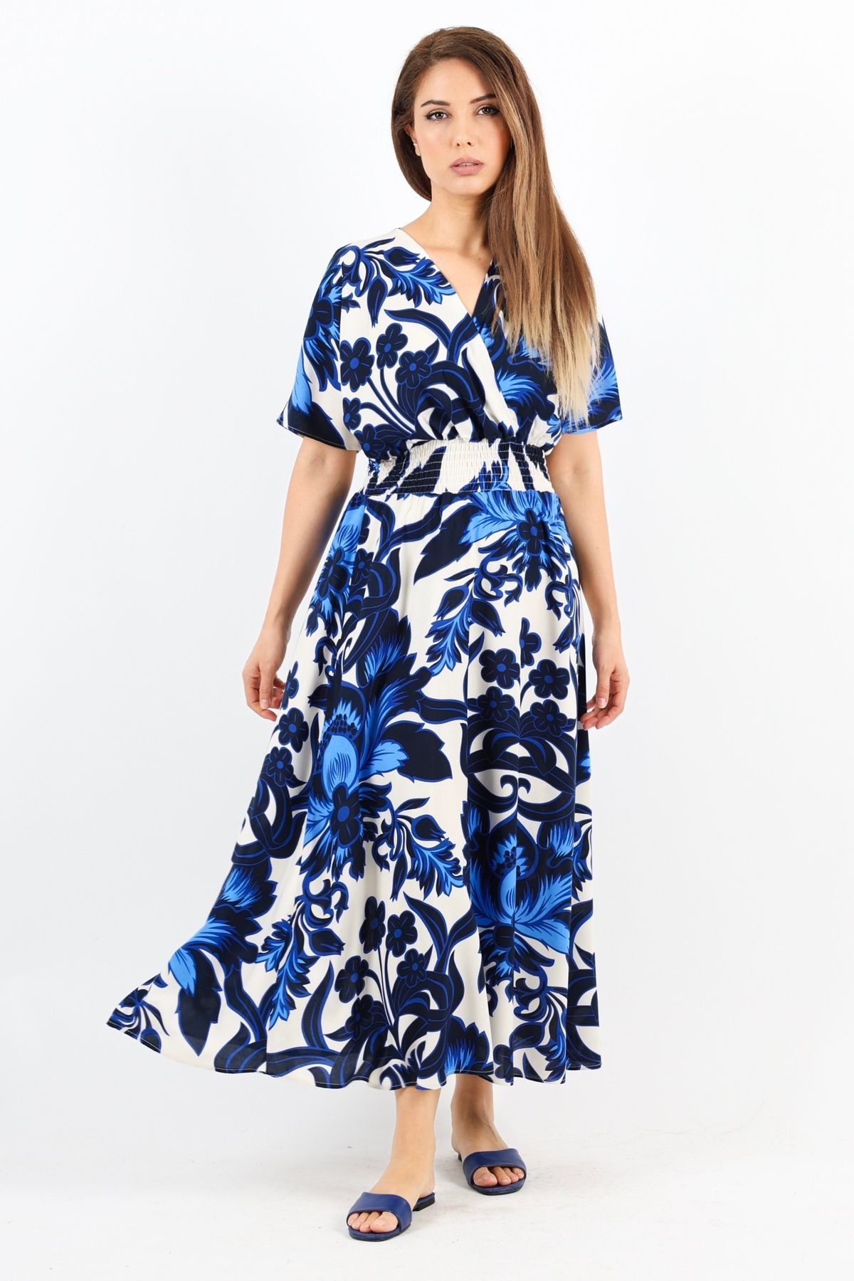 Ritnice-Rochie de damă din viscoză albastră și alba - elastic in talie Aren 6
