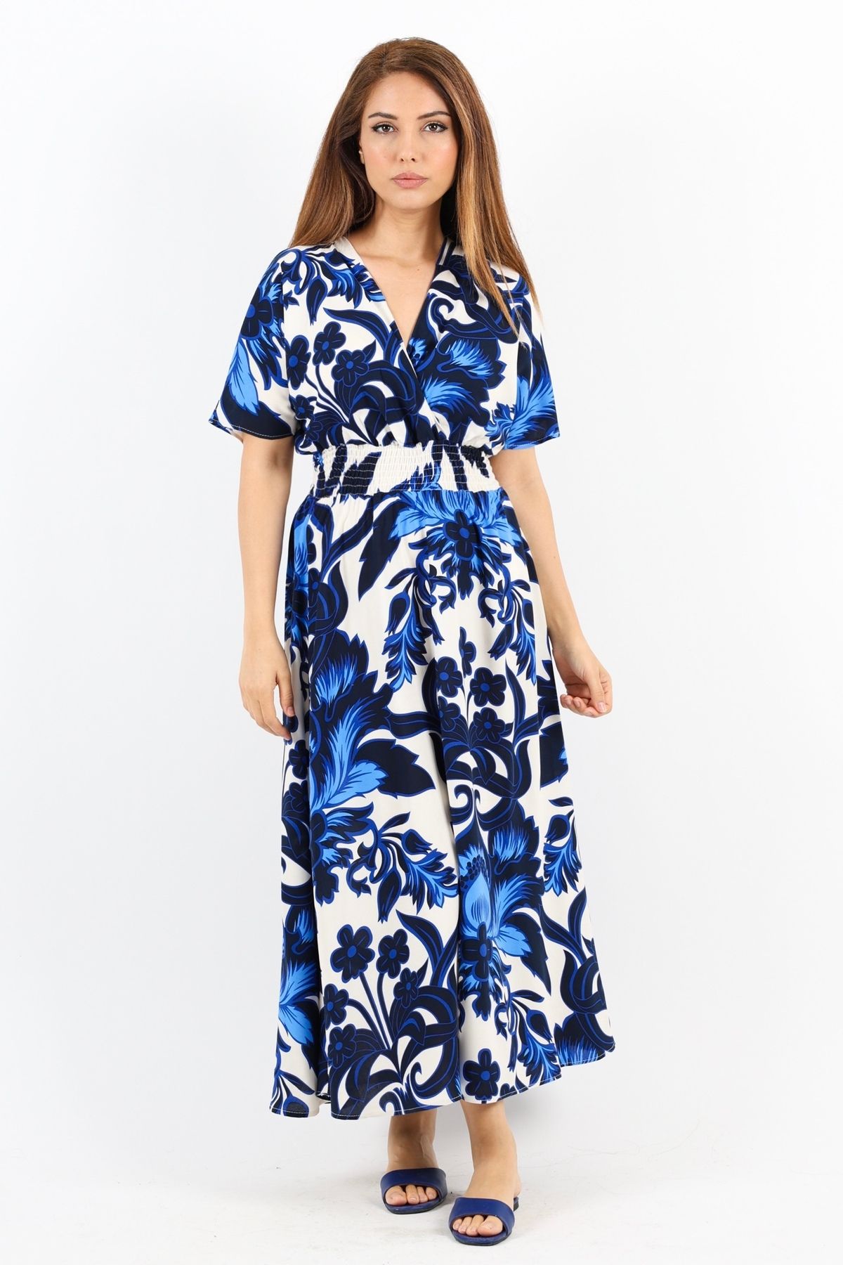 Ritnice-Rochie de damă din viscoză albastră și alba - elastic in talie Aren 8