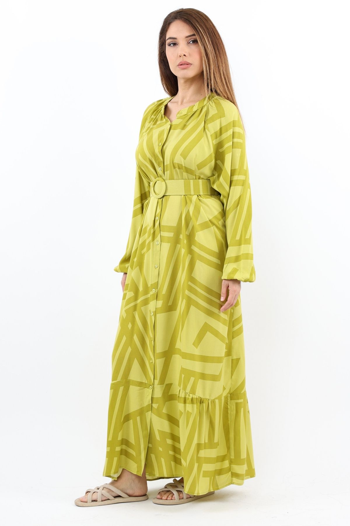 Ritnice-Prive Women's - Oil Green Belted Viscose Summer Dress 2