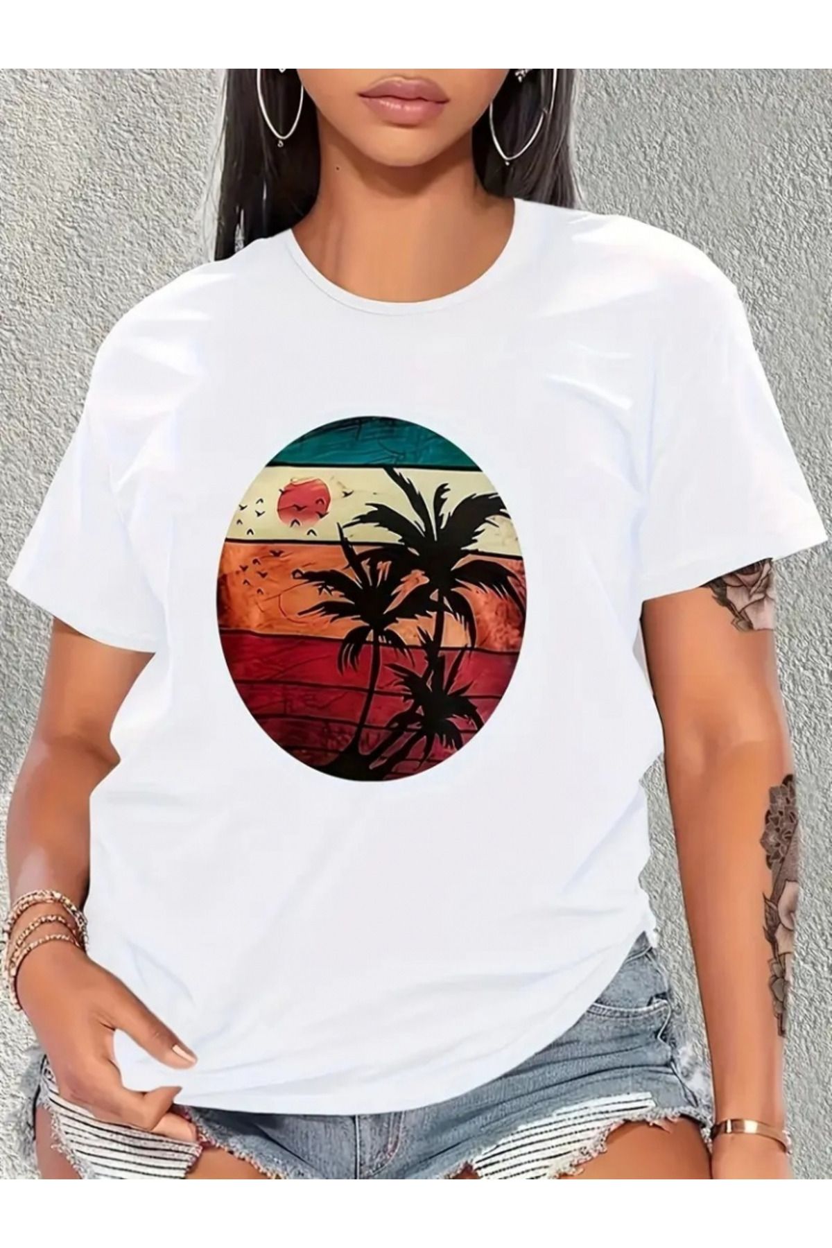 Albayrak Kadın Kısa Kollu Palmiye Baskılı Viskon T-shirt
