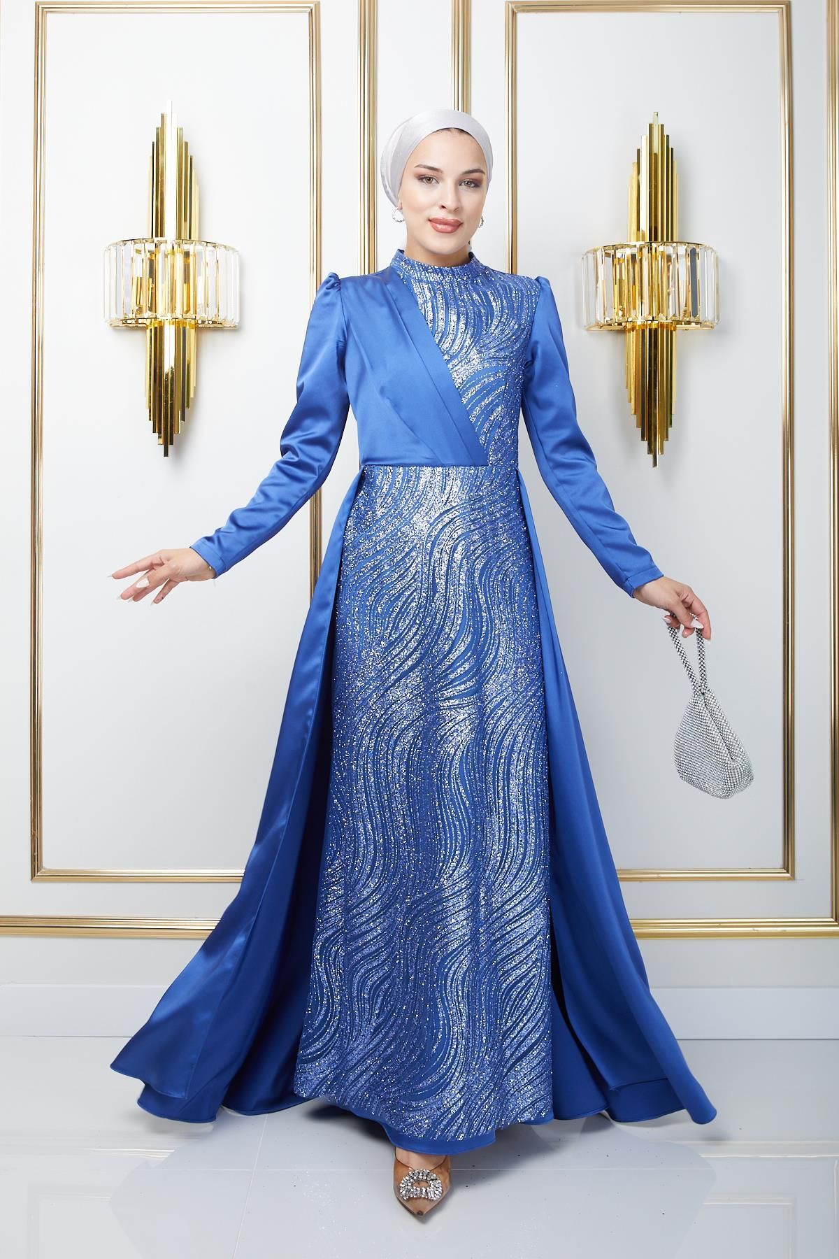 Olcay-Satin Hijab Evening Dress with Stamp and Glitter Detailed Cloak Hem INDIGO 1642 2