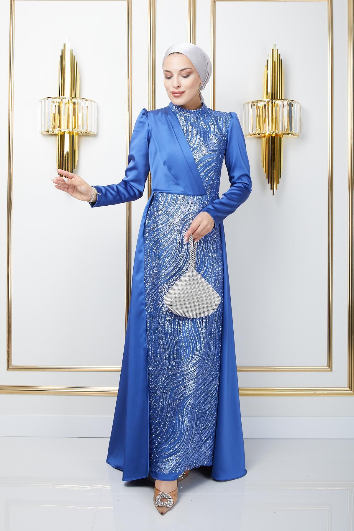 Olcay-Satin Hijab Evening Dress with Stamp and Glitter Detailed Cloak Hem INDIGO 1642 1