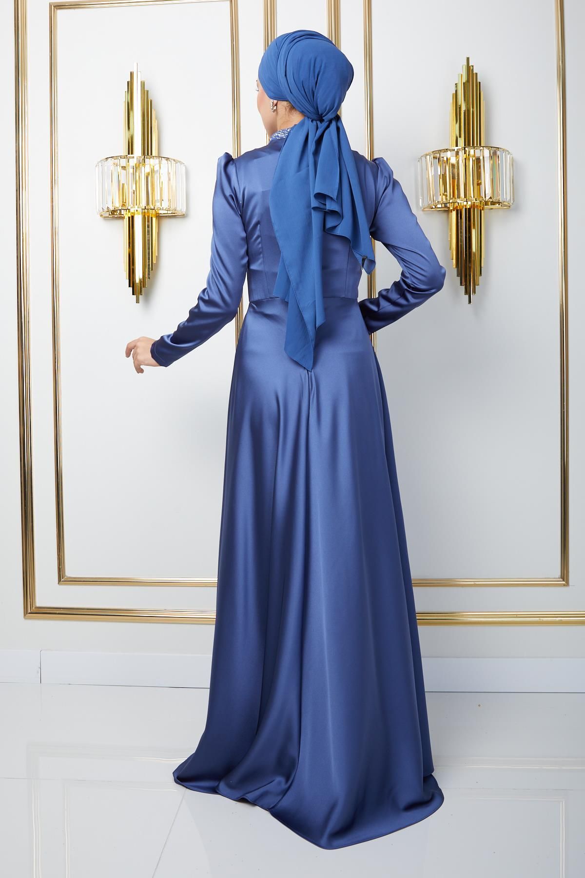 Olcay-Hijab-Abendkleid mit Satin-Cape-Rock – Pailletten- und Glitzerdetail, BLAU 1642 6