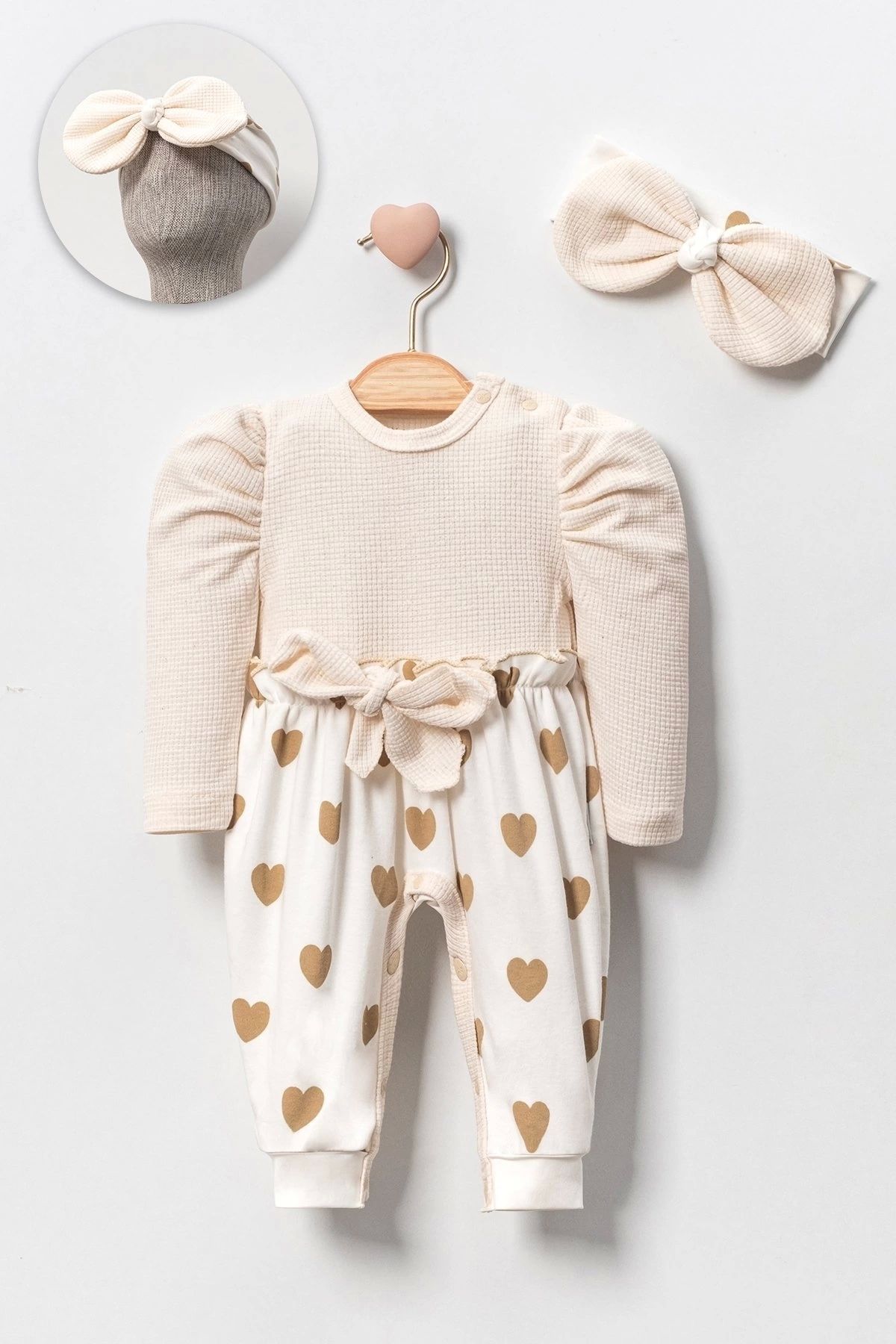 candar-3-9 Months Waffle Patterned Heart Jumpsuit for Baby Girl - Set of 2, Cream 2