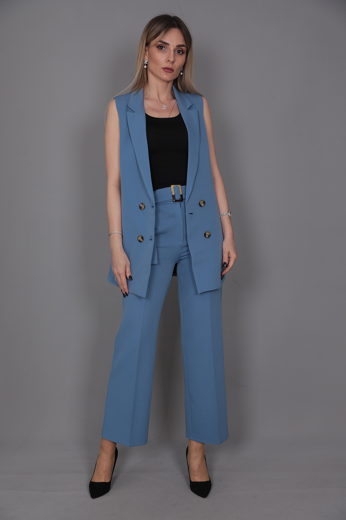 Midi Size Classic Vest & Short Wide Leg Pants-Sea