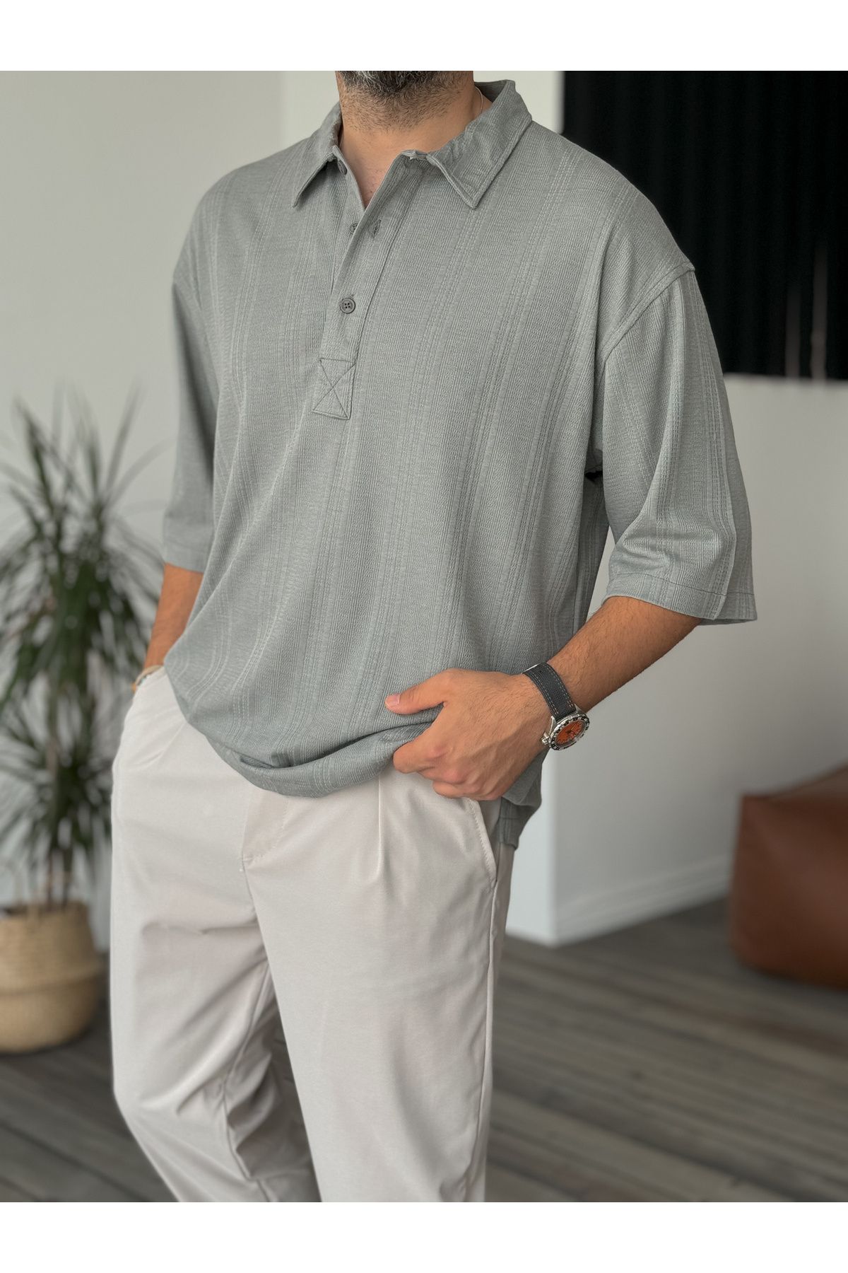 BYBASICMAN-C-1681 Model Smoked Patterned Buttoned T-Shirt 3