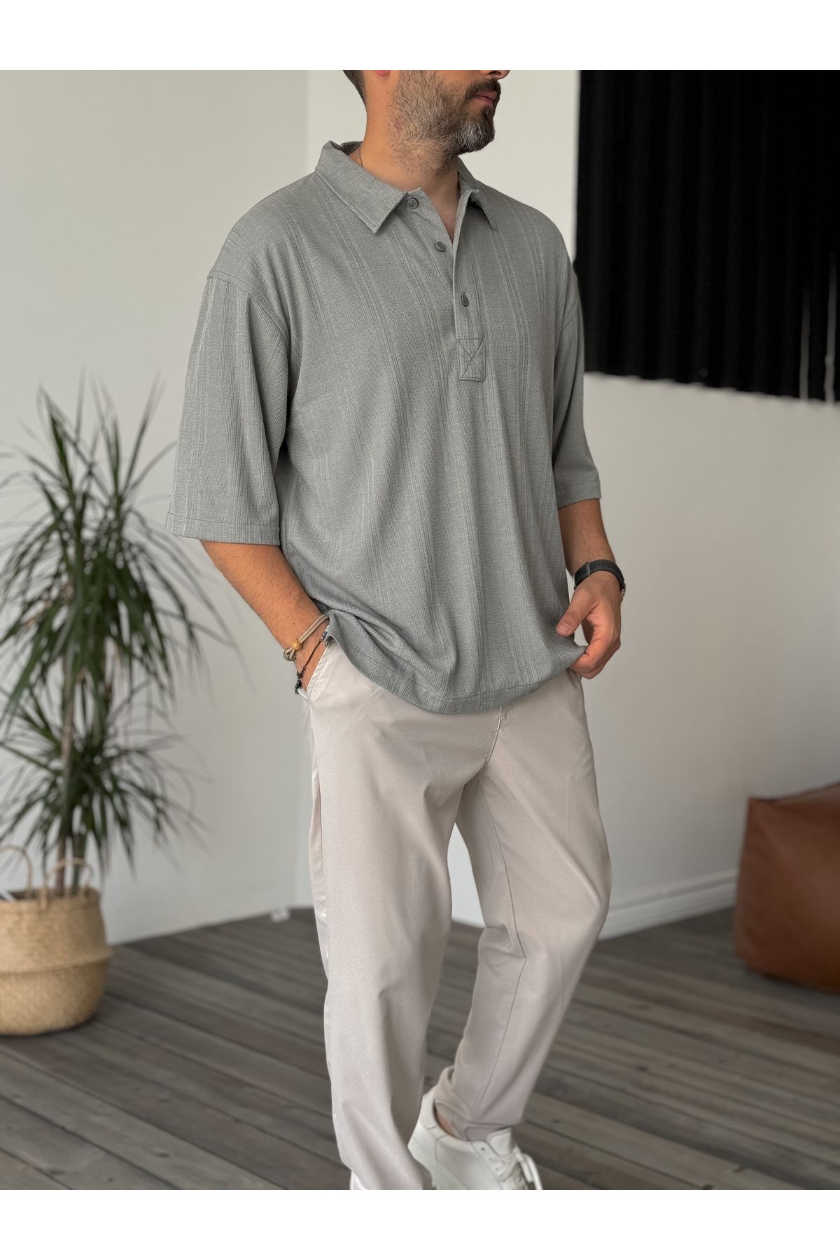 BYBASICMAN-C-1681 Model Smoked Patterned Buttoned T-Shirt 2