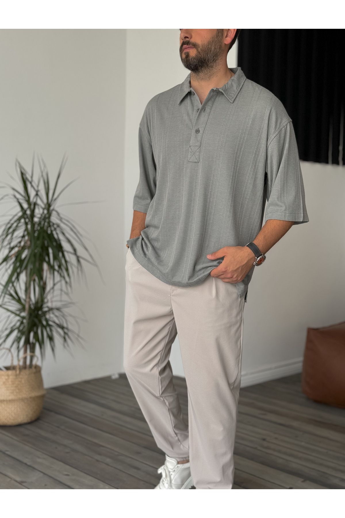BYBASICMAN-C-1681 Model Smoked Patterned Buttoned T-Shirt 1