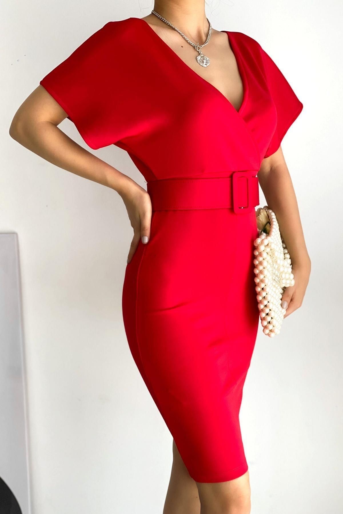 Mossta-Red Lycra Double-breasted Collar Belt Dress 3