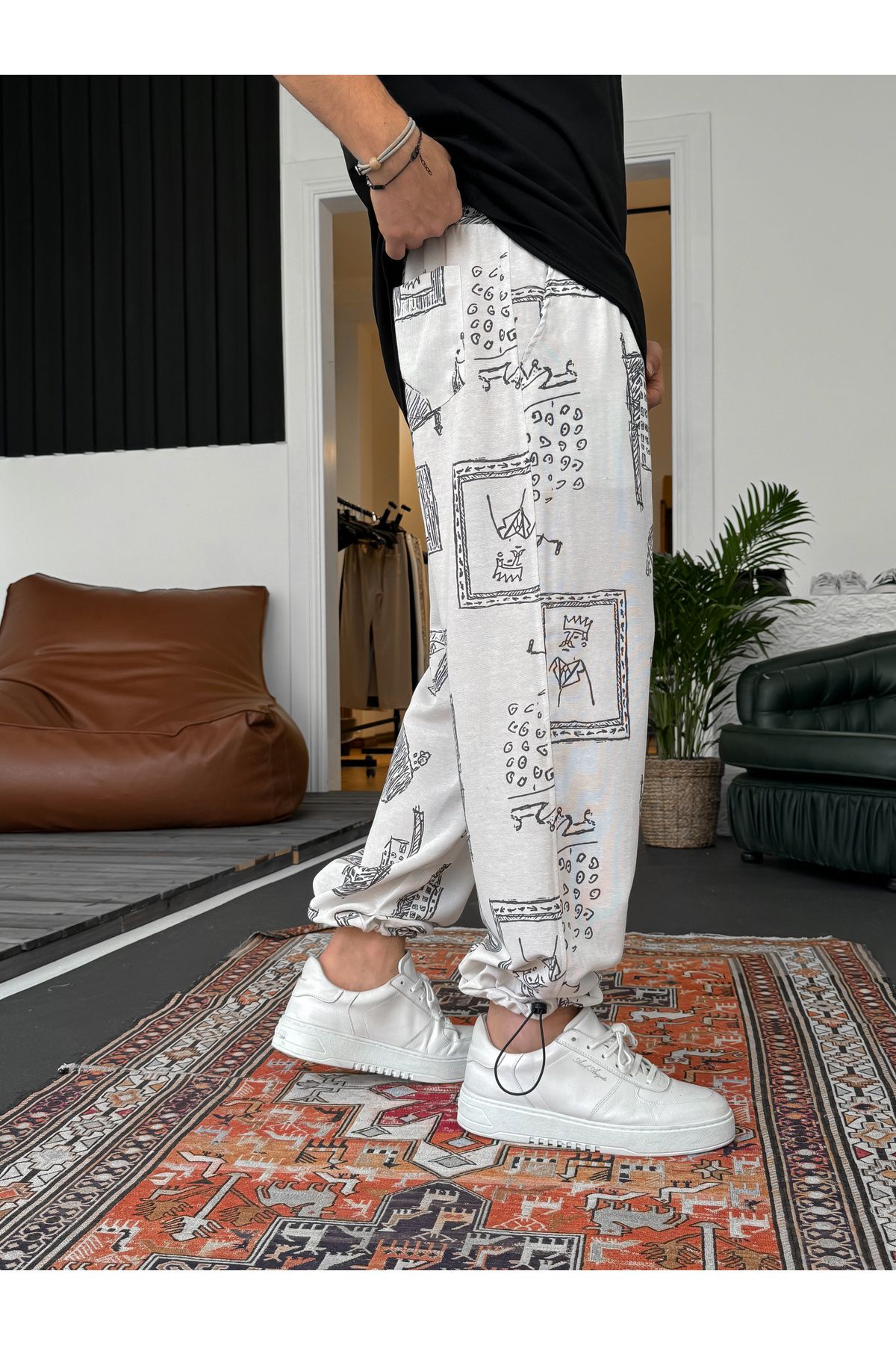 BYBASICMAN-Ecru Sketch Patterned Stopper Linen Trousers B-3033 3