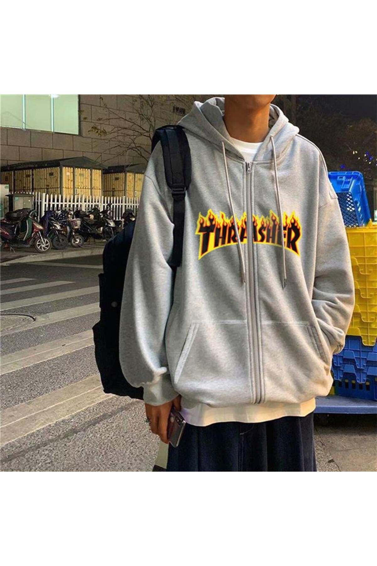 BAREM BUTİK Barem Butik  Thrasher Baskılı Oversize Fermuarlı Gri Unisex Kapüşonlu Hırka