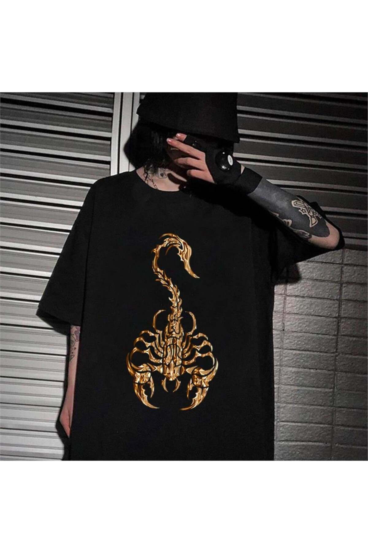 BAREM BUTİK Barem Butik  Gothic Scorpion Baskılı Siyah Unisex Oversize T-shirt