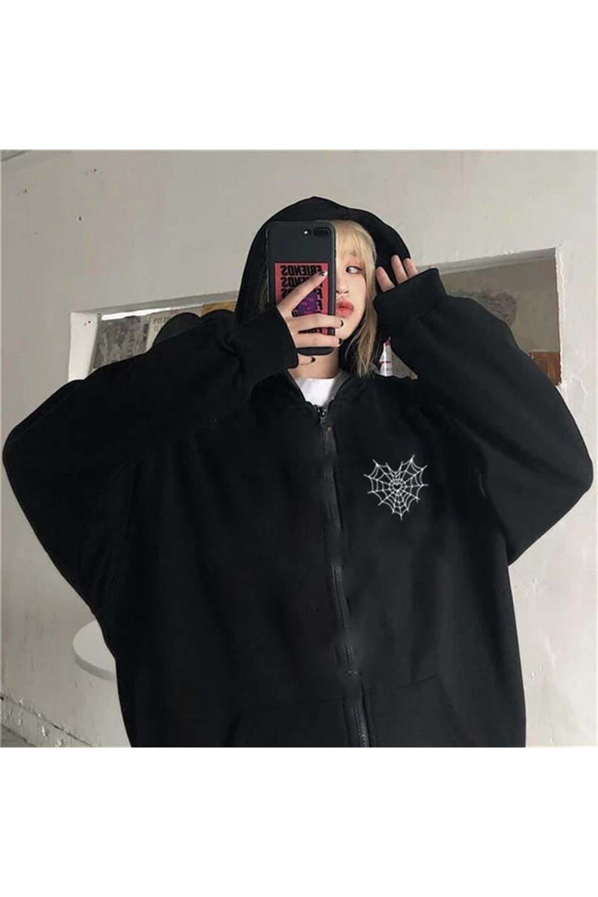 BAREM BUTİK Barem Butik  Spider Web Heart Baskılı Oversize Fermuarlı Siyah Unisex Kapüşonlu Hırka