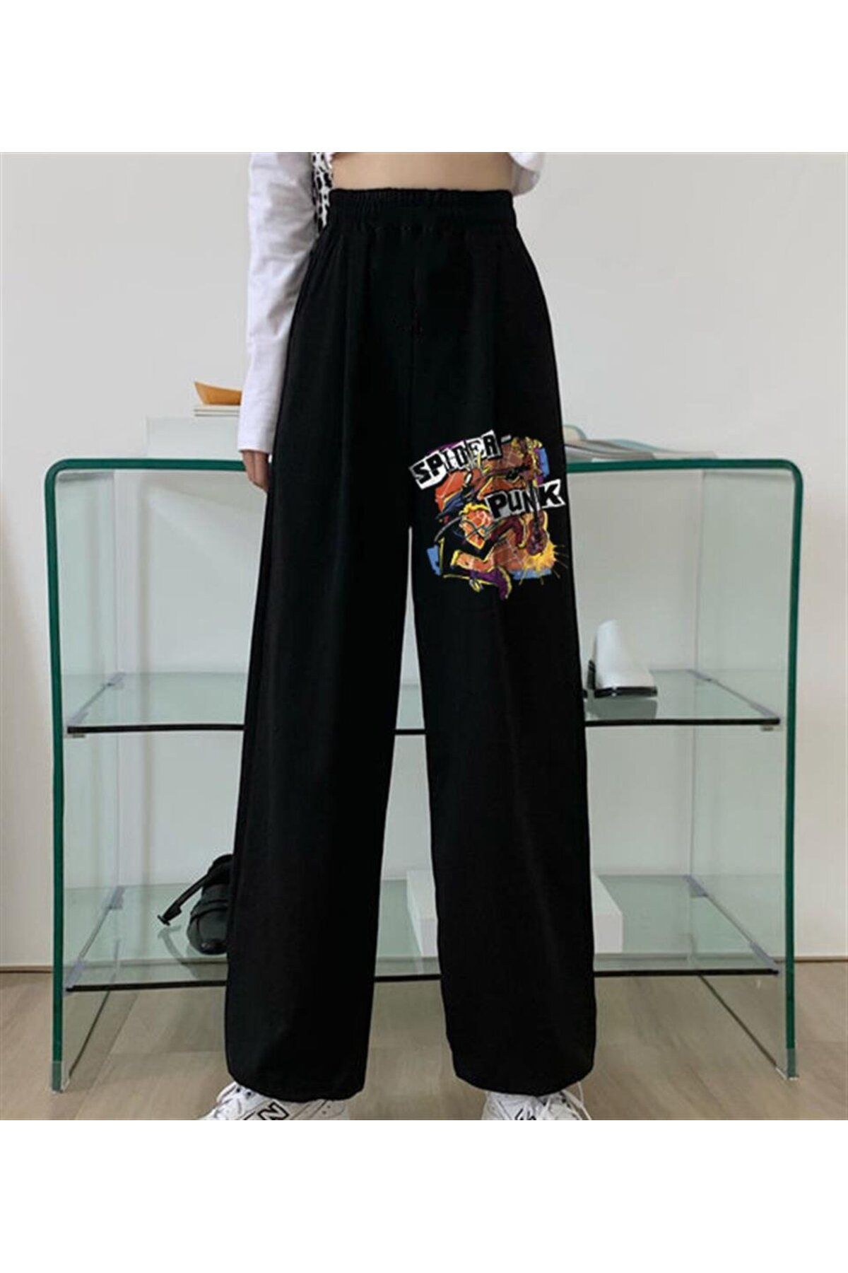 BAREM BUTİK Barem Butik  Spider Punk Baskılı Oversize Unisex Siyah Eşofman Altı