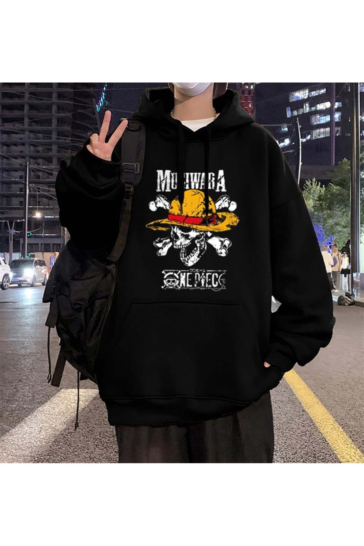 BAREM BUTİK Barem Butik  One Piece Mugiwara Baskılı Siyah Unisex Oversize Kapüşonlu Sweatshirt