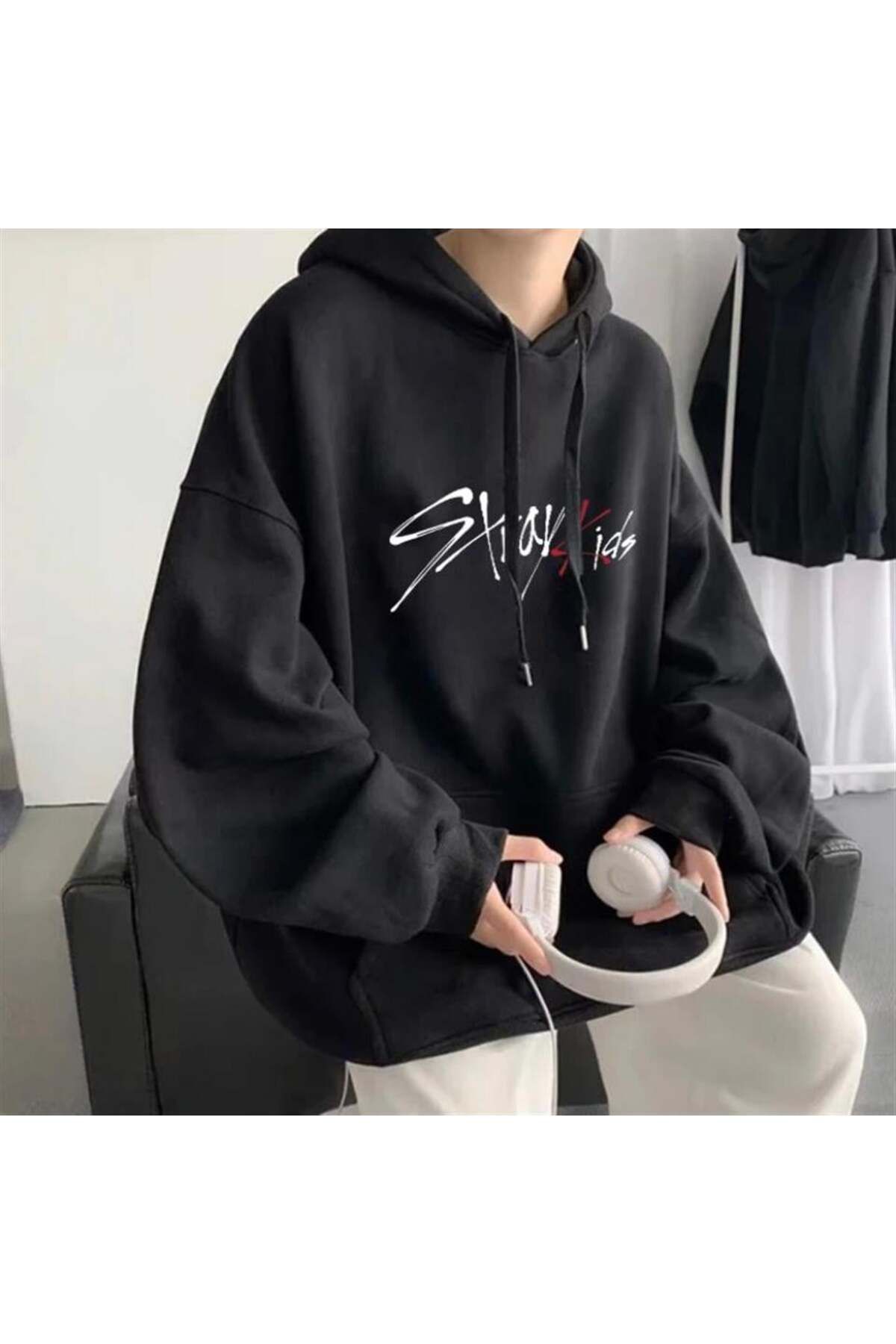 BAREM BUTİK Barem Butik  Stray Kids Siyah Kapüşonlu Oversize Sweatshirt Hoodie