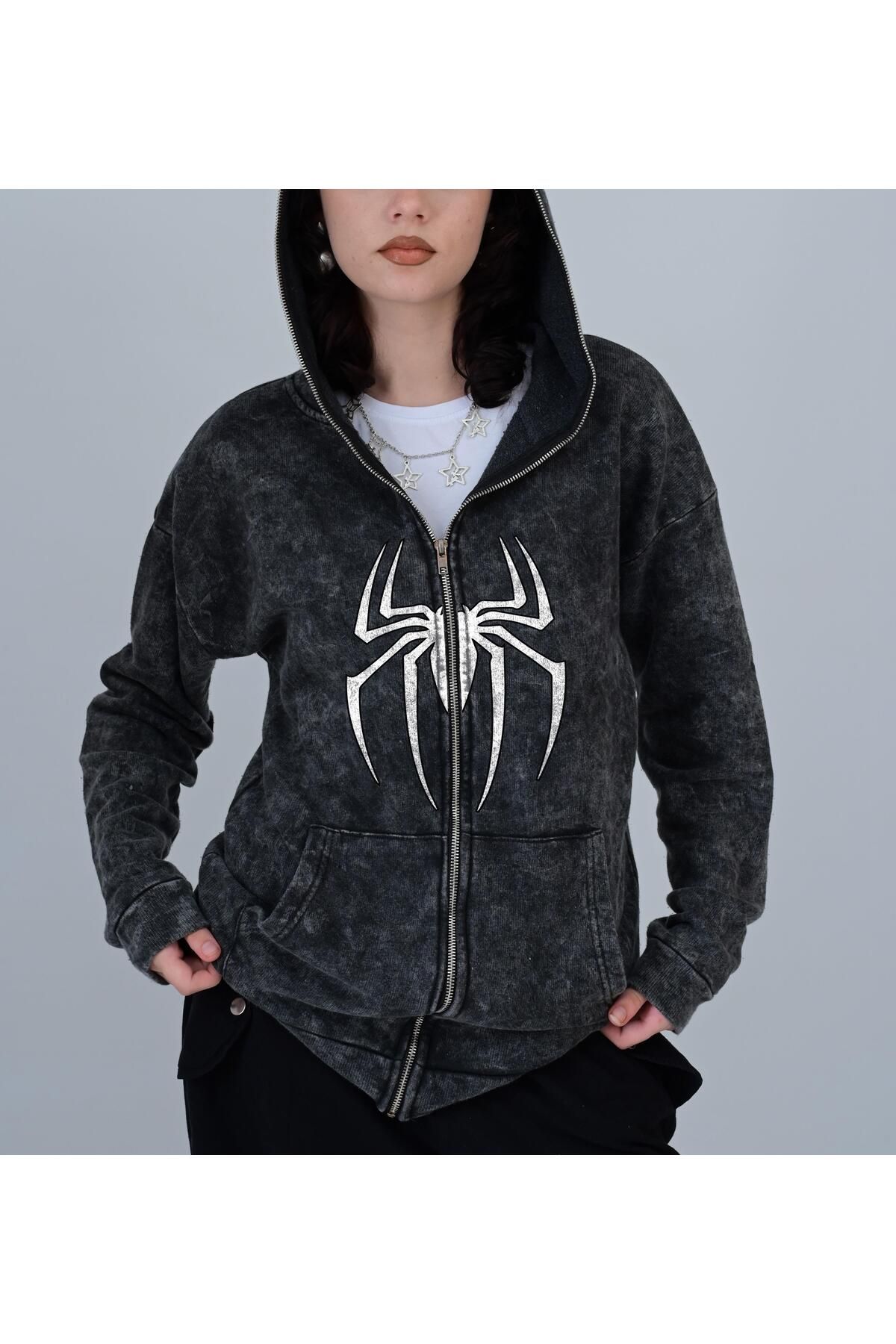 BAREM BUTİK Barem Butik  Spider Baskılı Vintage Yıkamalı Full Zip Detail Unisex Oversize Kapüşonlu Hırka