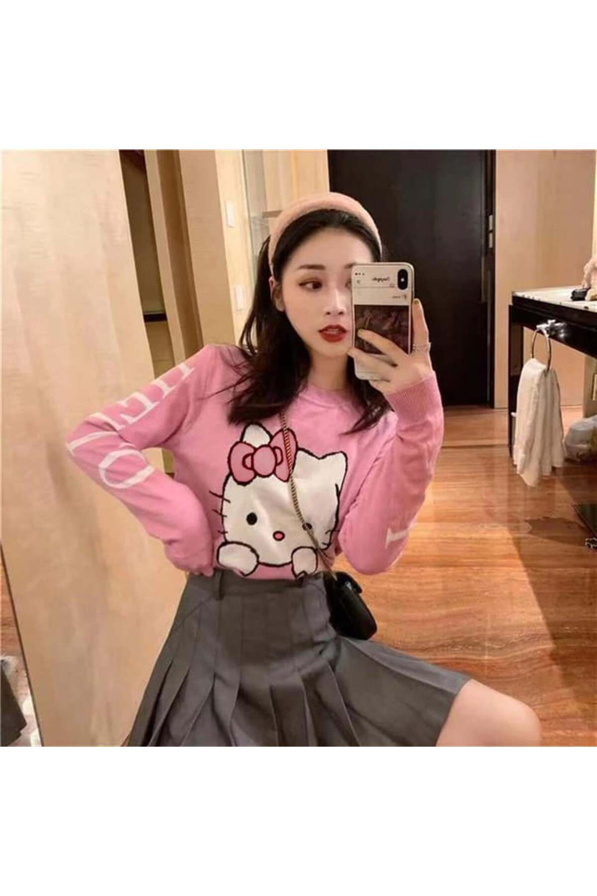 BAREM BUTİK Barem Butik  Harajuku Hello Kitty Pembe Oversize Crop Kazak