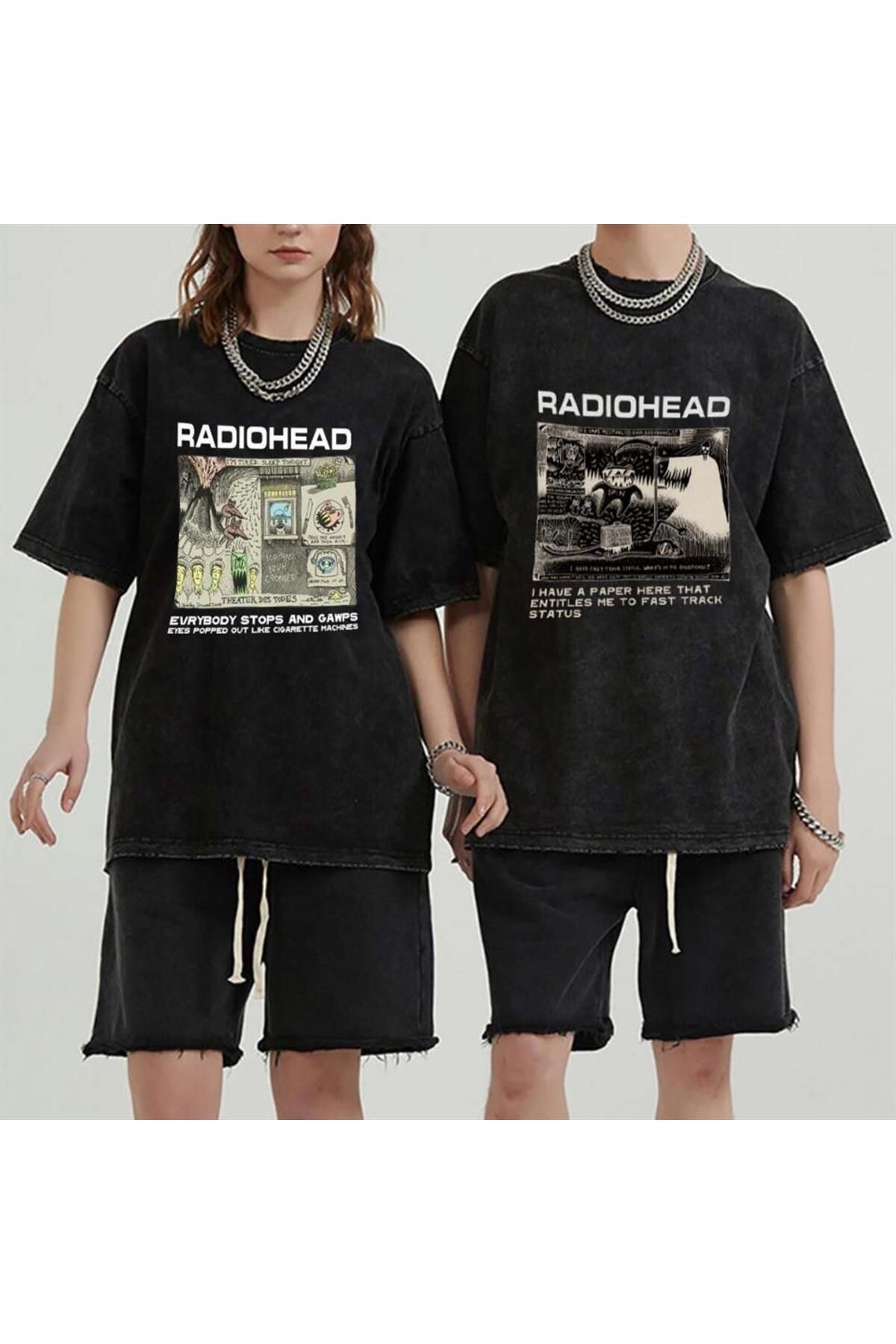 BAREM BUTİK Barem Butik  Yıkamalı Radiohead Baskılı Unisex Oversize Vintage Eskitme T-shirt