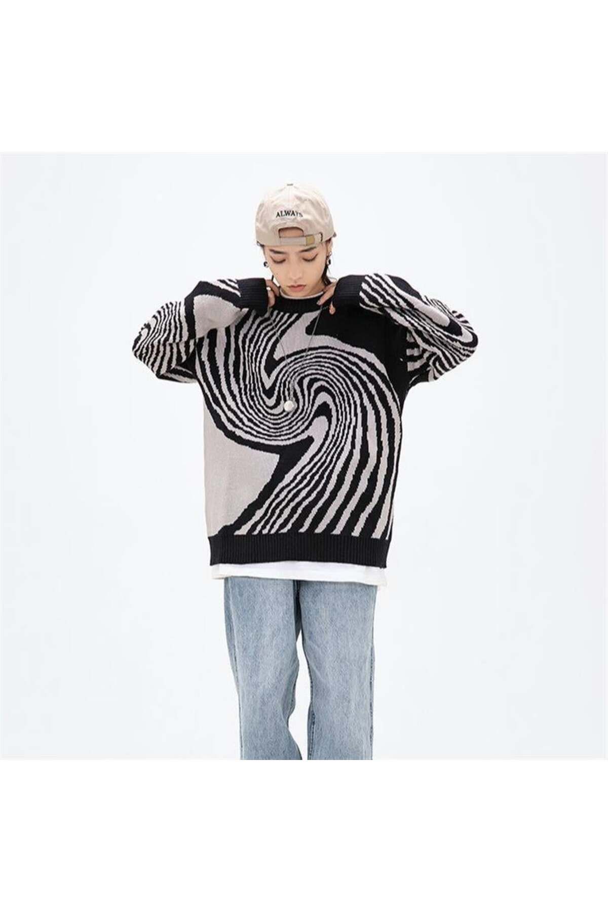 weywot Sphera Touz Vintage Harajuku Kore Style Asimetrik Desenli Unisex Oversize Siyah Kazak