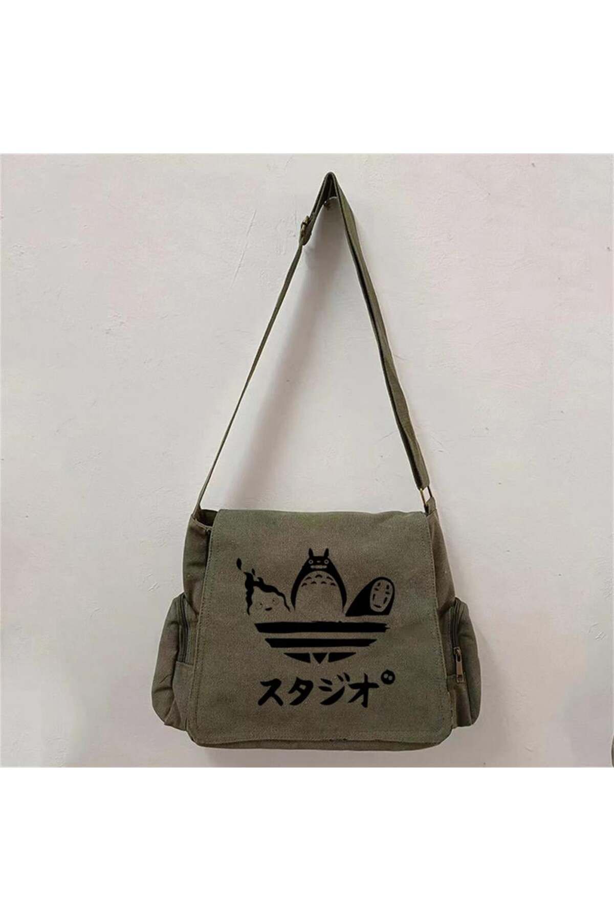 BAREM BUTİK Barem Butik  Totoro Friends Baskılı Unisex Yeşil Postacı Çantası