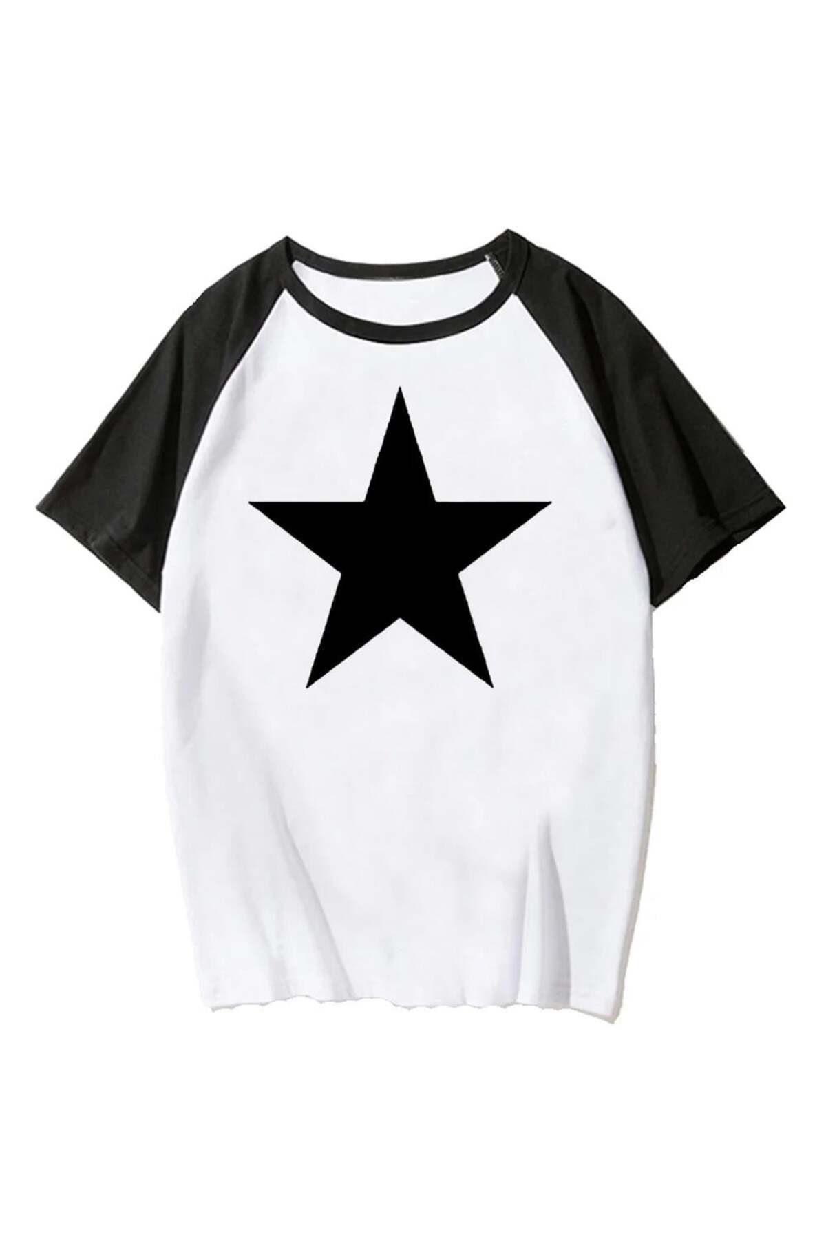 BAREM BUTİK Barem Butik  Y2k Star Beyaz Reglan Kol Oversize T-shirt