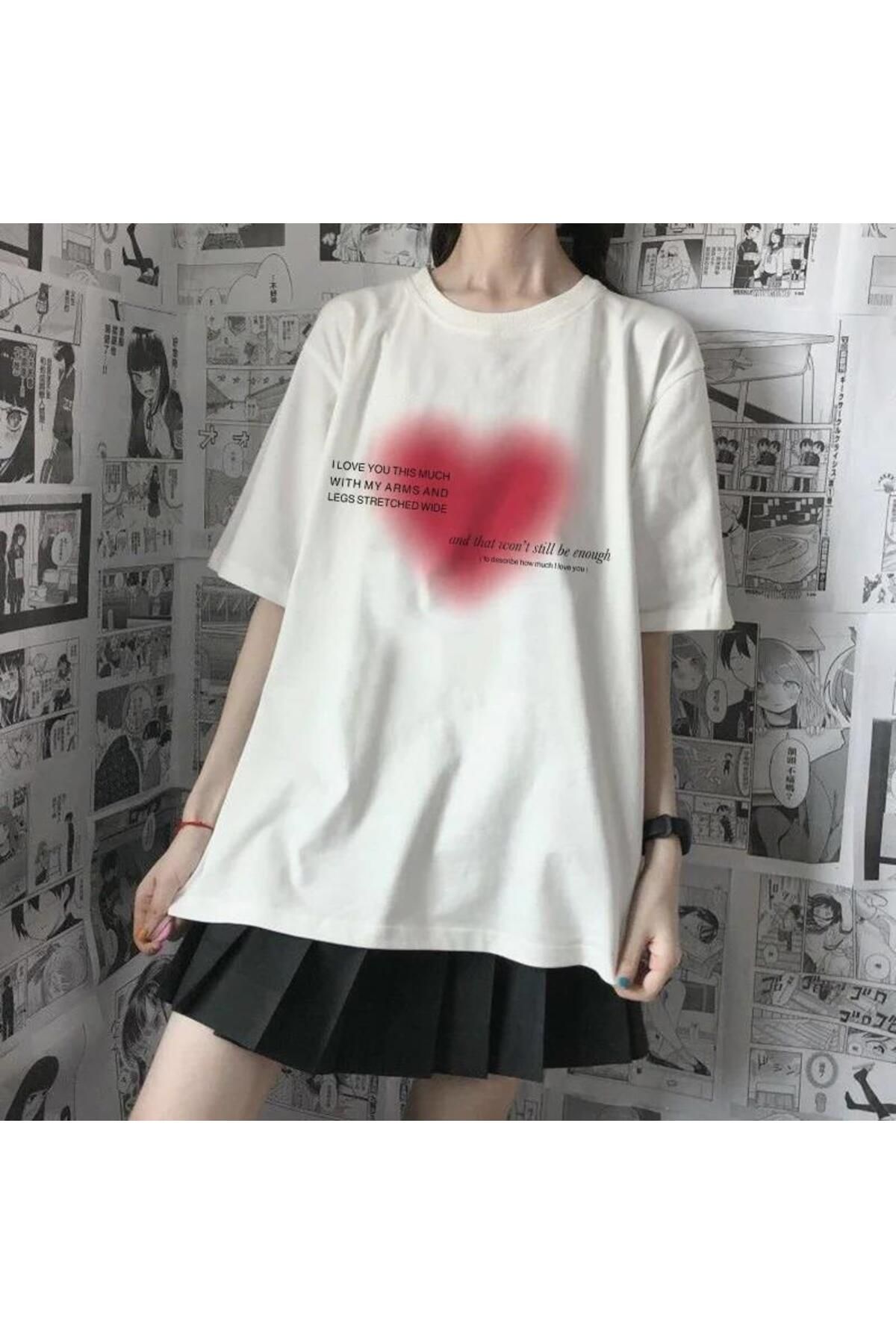 BAREM BUTİK Barem Butik  Aesthetic Heart Baskılı Beyaz Unisex Oversize T-shirt