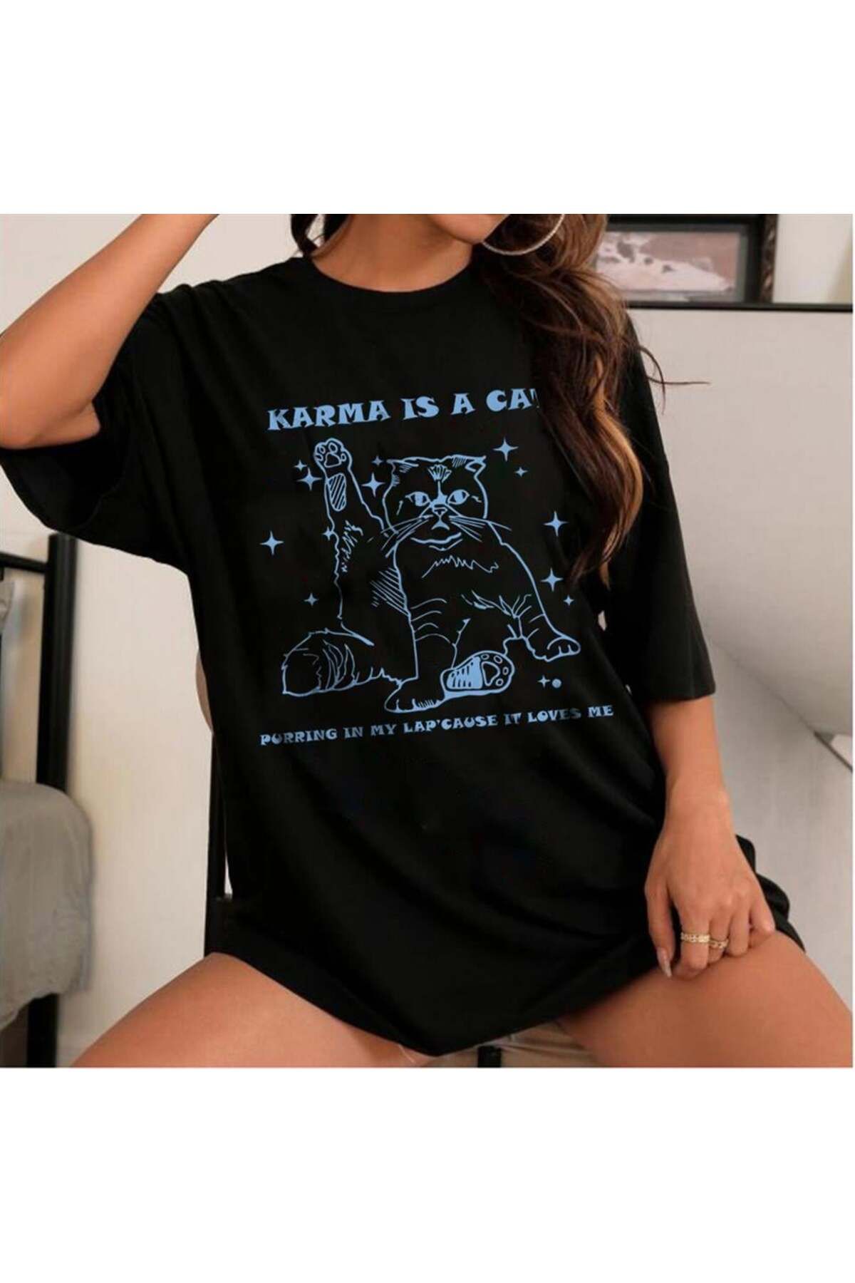 BAREM BUTİK Barem Butik  Karma Is A Cat Baskılı Siyah Unisex Oversize T-shirt