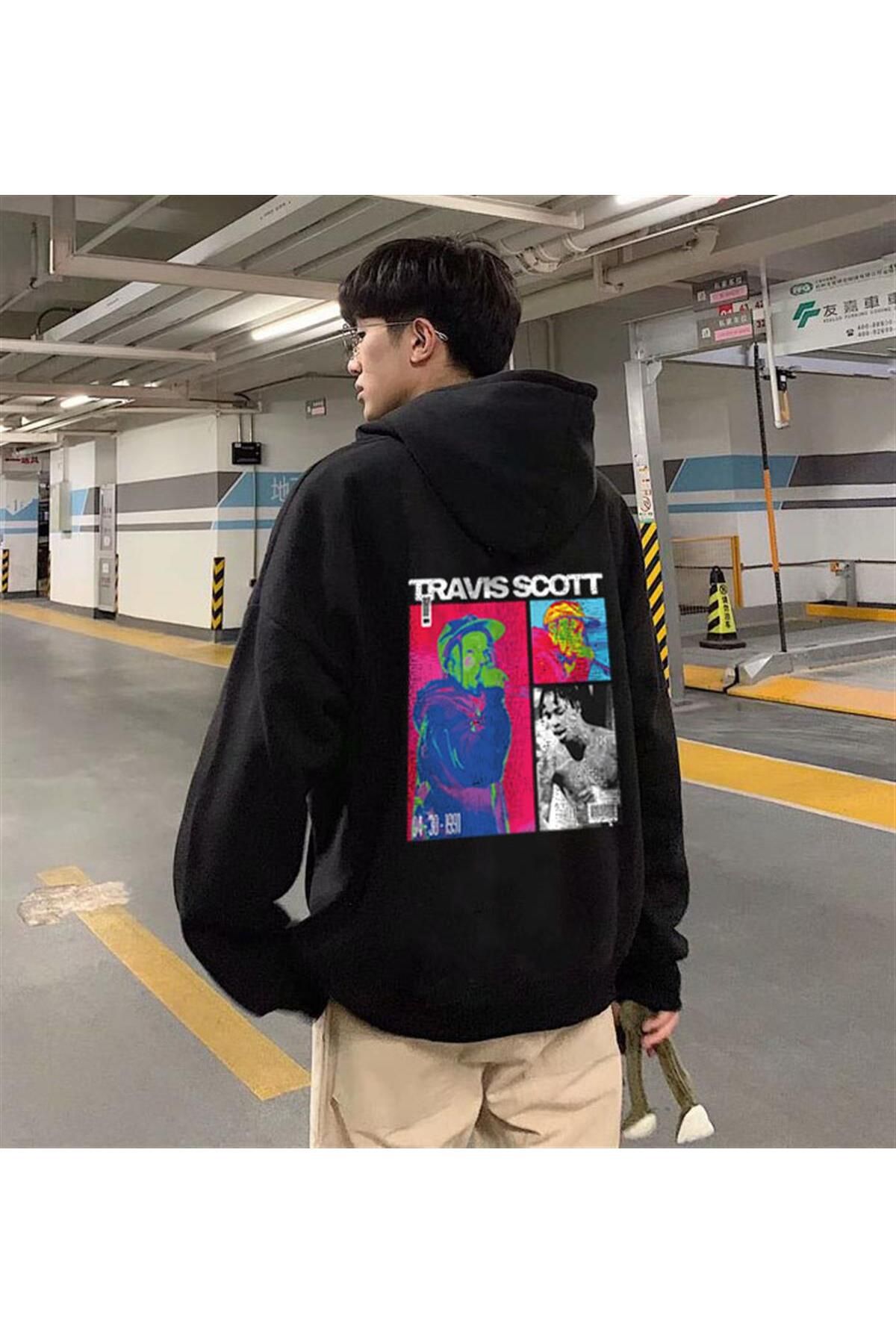 BAREM BUTİK Barem Butik  Travis Scott Baskılı Siyah Unisex Oversize Kapüşonlu Sweatshirt