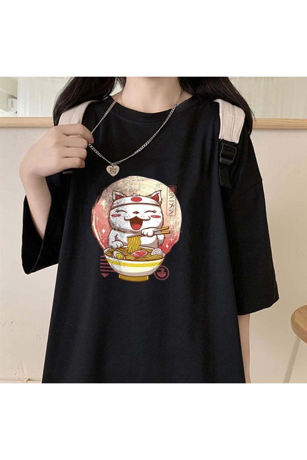 BAREM BUTİK Barem Butik  Spaghetti Cat Siyah Unisex Oversize T-shirt