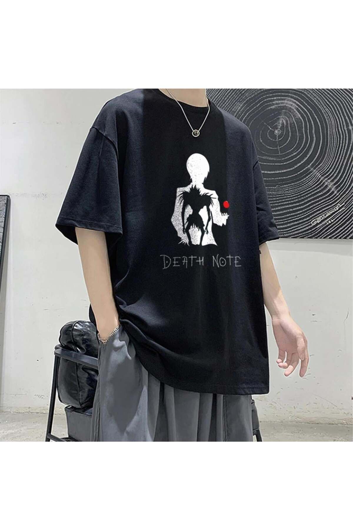 BAREM BUTİK Barem Butik  Death Note L Apple Baskılı Siyah Unisex Oversize T-shirt