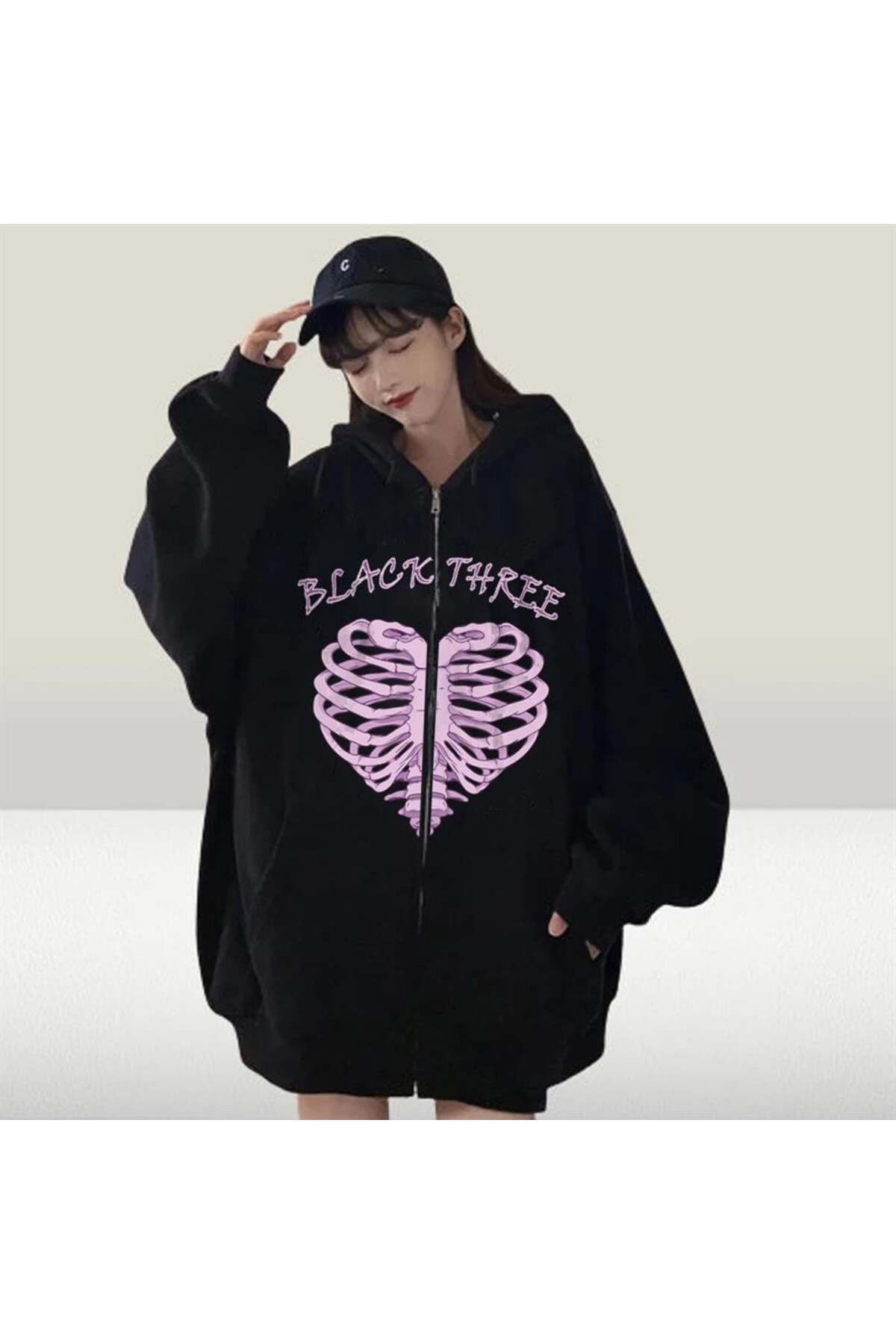 BAREM BUTİK Barem Butik  Black Three Cage Heart Baskılı Oversize Fermuarlı Siyah Unisex Kapüşonlu Hırka