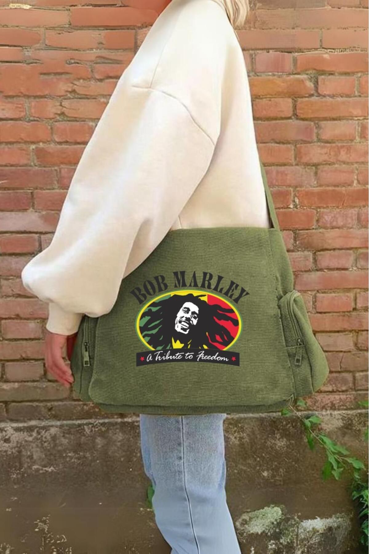 BAREM BUTİK Barem Butik  Bob Marley Baskılı Unisex Yeşil Postacı Çantası