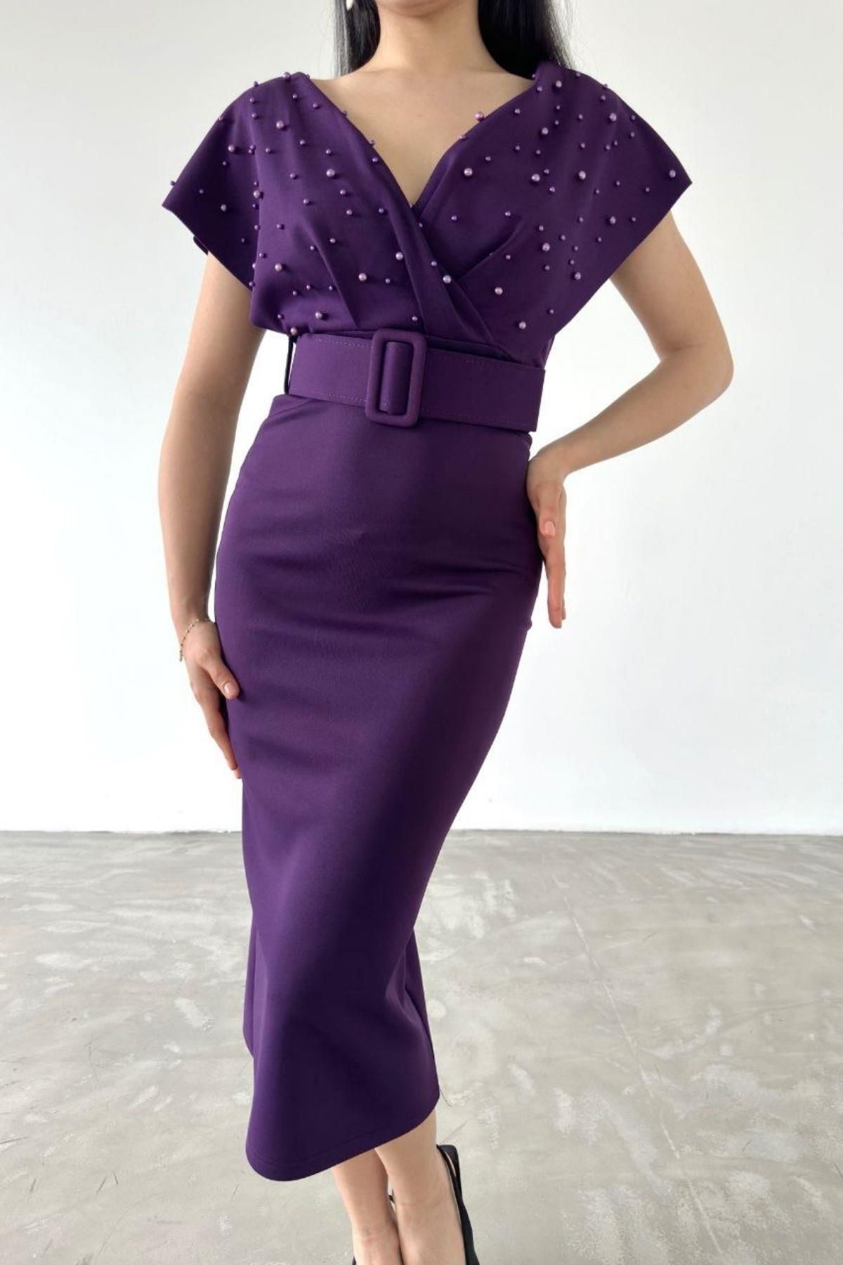 Mossta Rochie Mov Cu Guler Dublu Cu Perle Femeie - XL