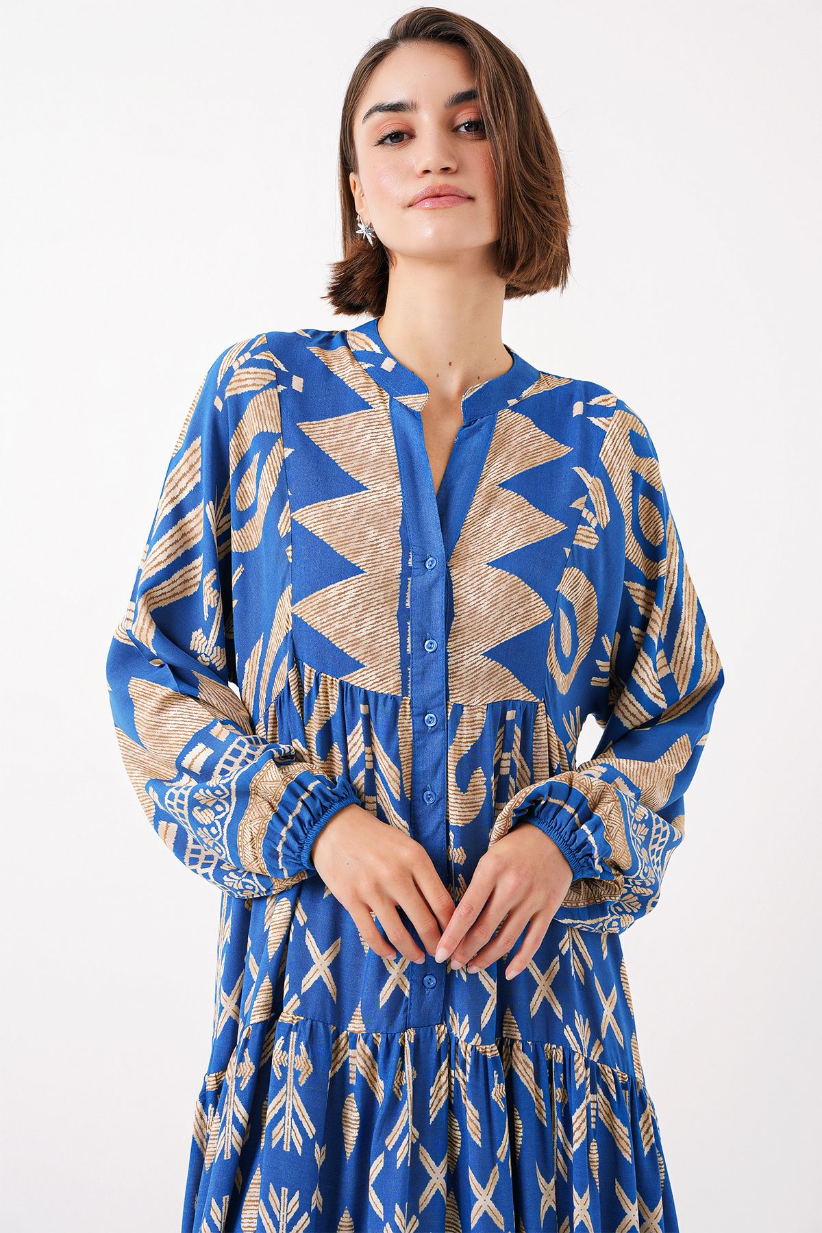 Bigdart-2423 Model Authentic Patterned Blue Dress 7