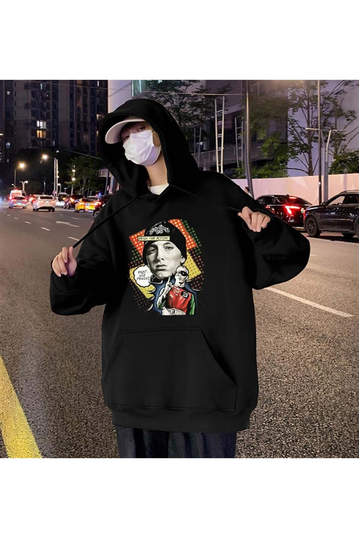 BAREM BUTİK Barem Butik  Eminem Ready For Action Baskılı Siyah Unisex Oversize Kapüşonlu Sweatshirt