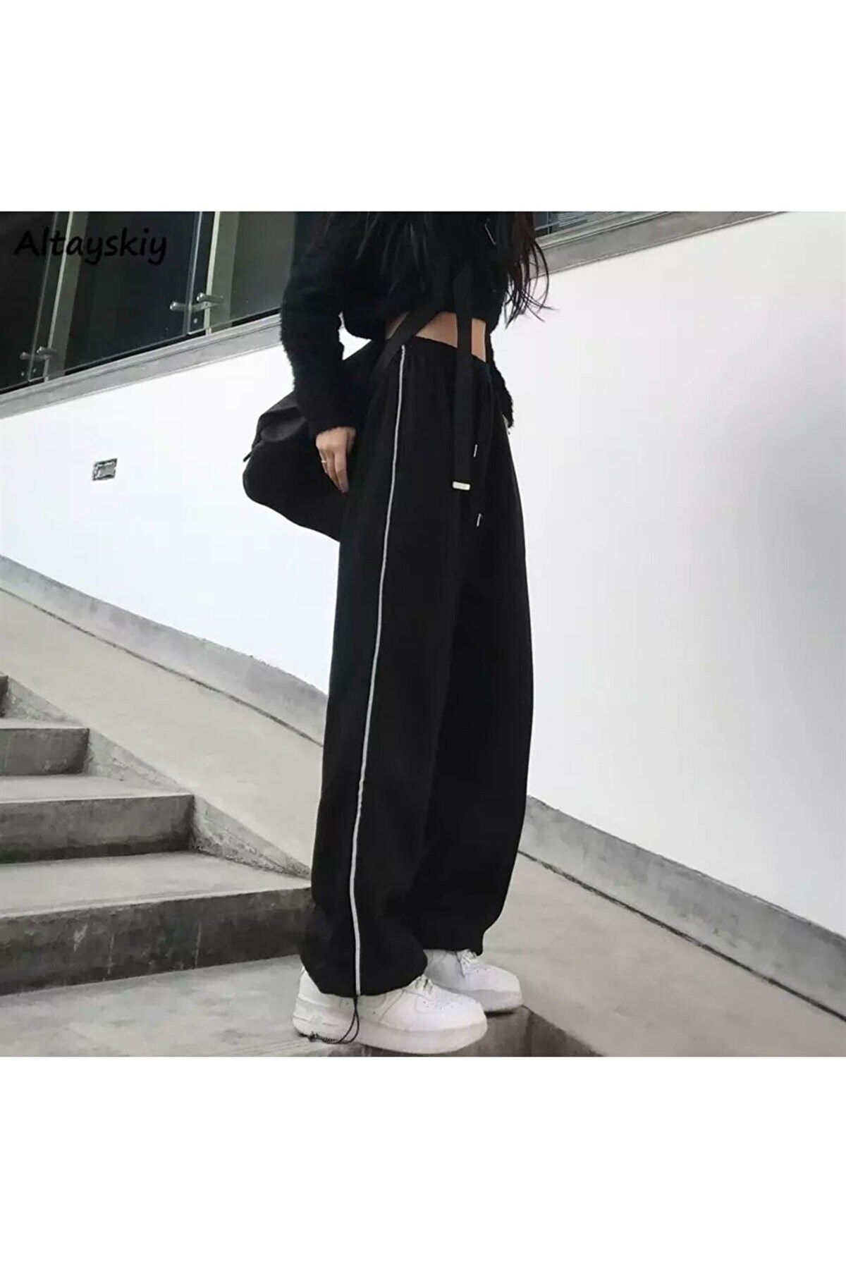 BAREM BUTİK Barem Butik  Harajuku Zip Detail Black Tracksuit Oversize Eşofman Altı