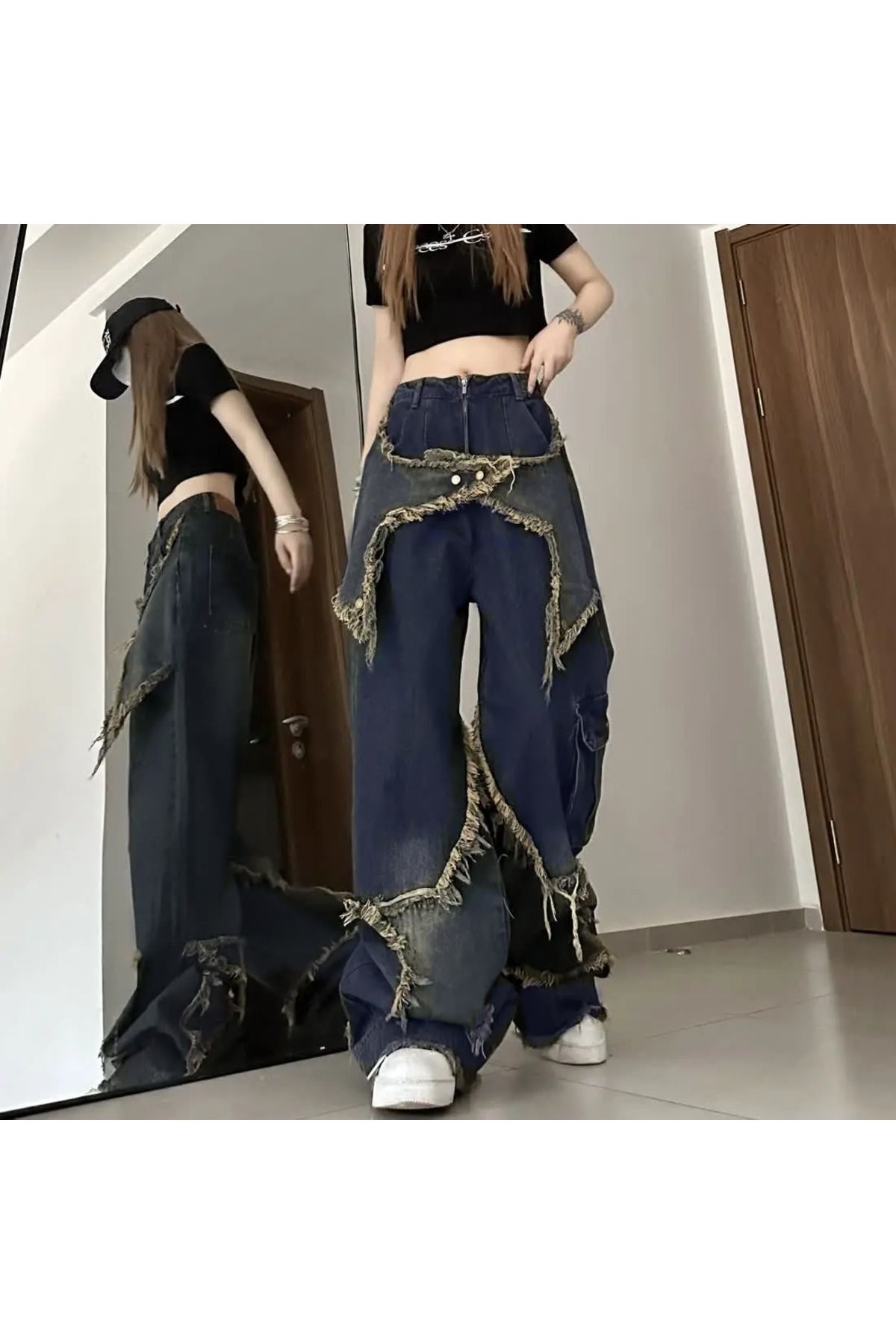 BAREM BUTİK Barem Butik  Y2k Stars Patch Detay Yıkamalı  Pantolon