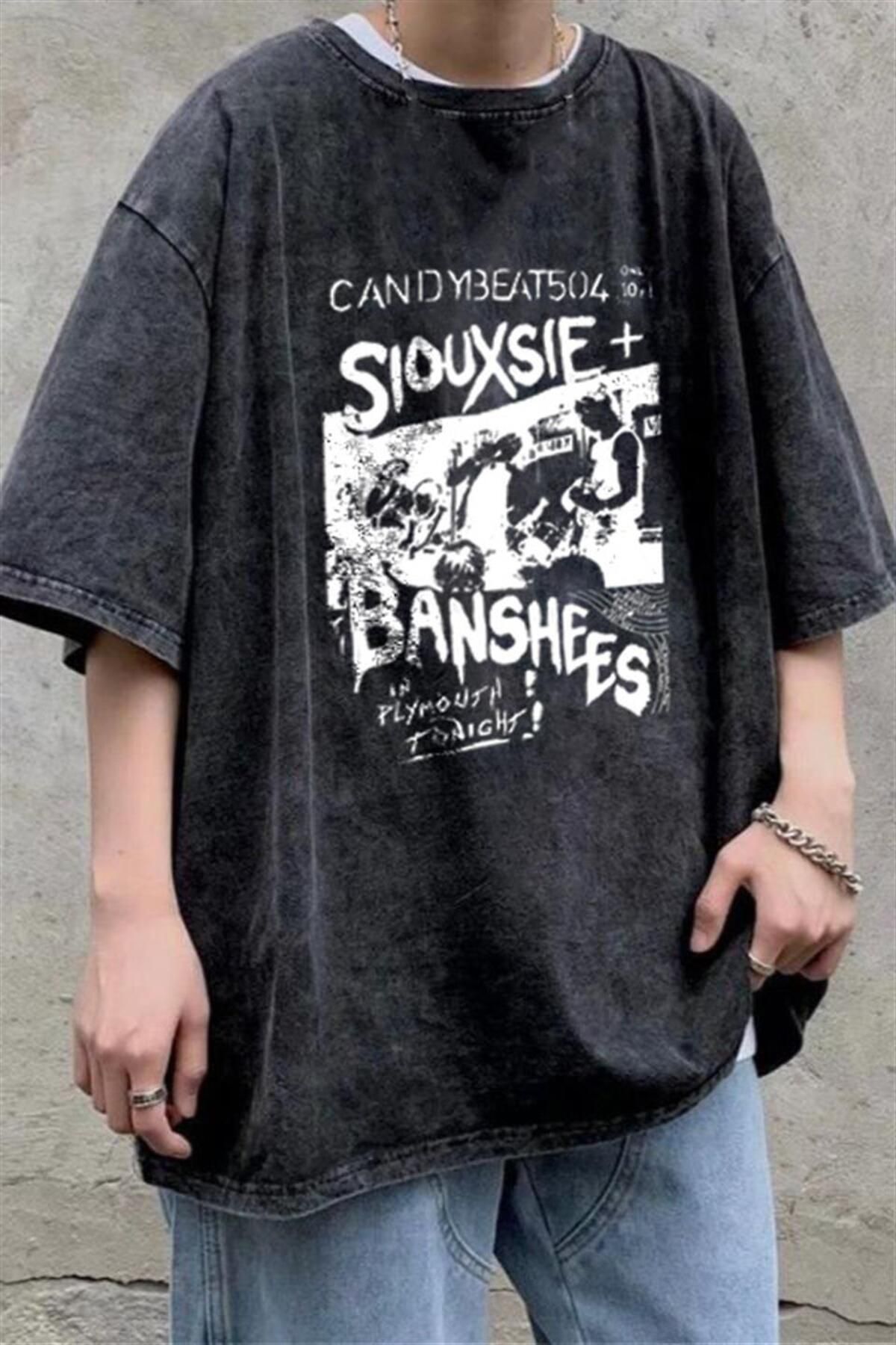 BAREM BUTİK Barem Butik  Yıkamalı Siouxsie Banshees Oversize Eskitme T-shirt