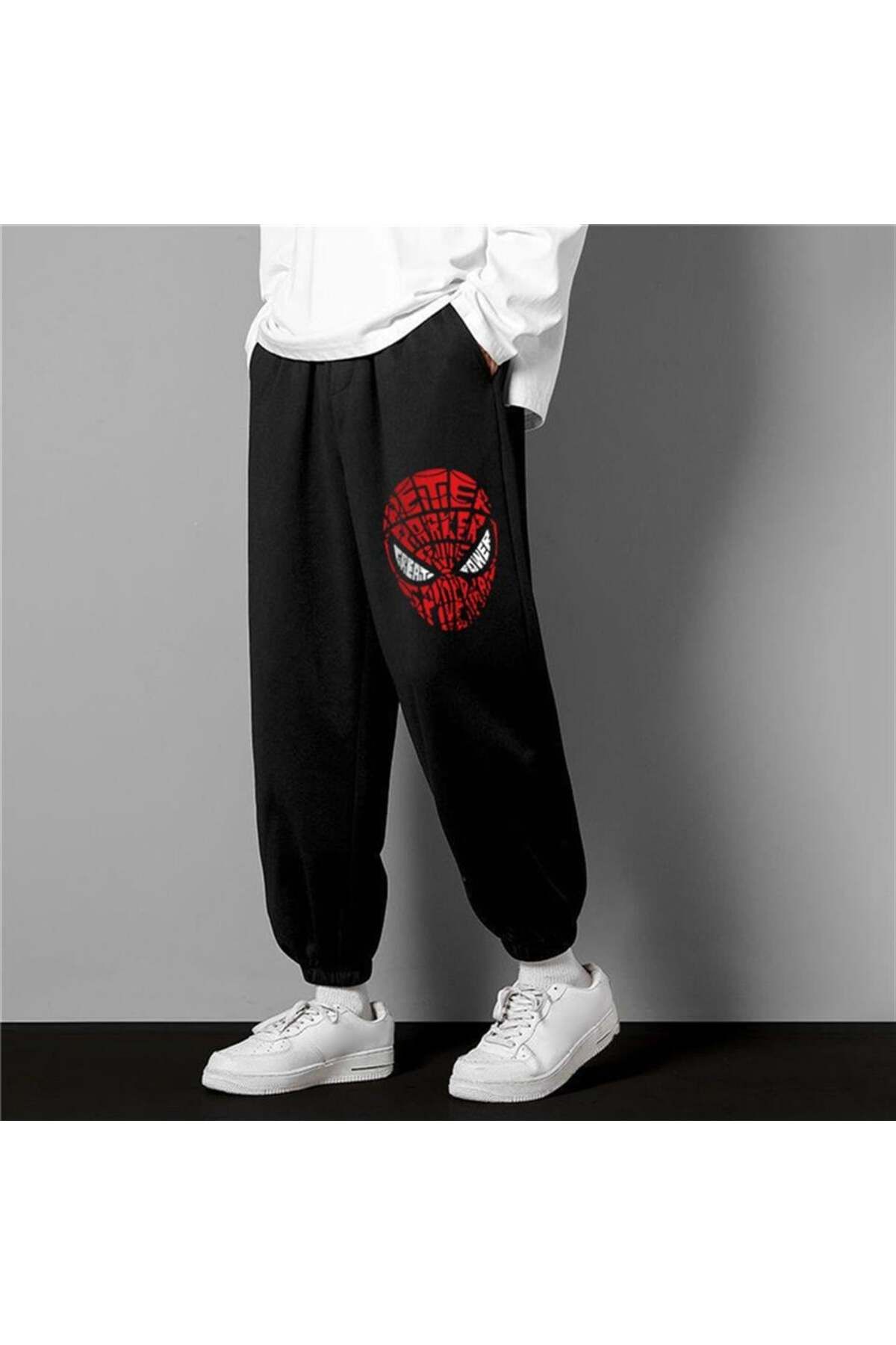 BAREM BUTİK Barem Butik  Spider-Man Head Baskılı Oversize Unisex Siyah Eşofman Altı