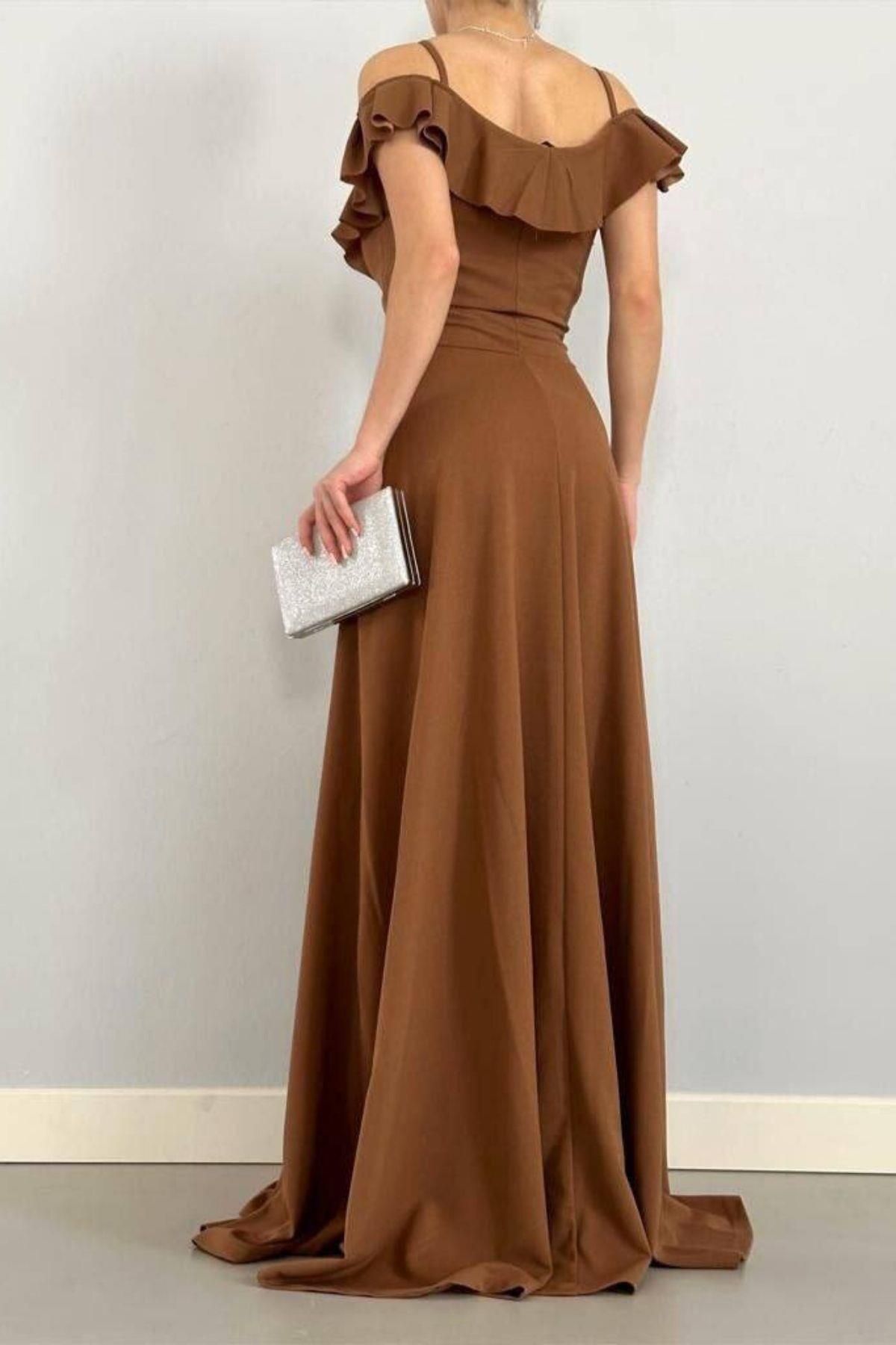 Mossta-Off Shoulder Flounce Collar Slit Evening Dress Brown 4