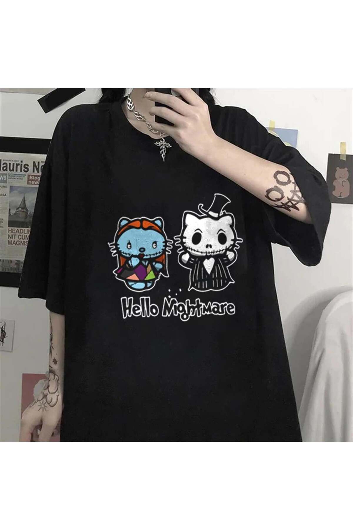 BAREM BUTİK Barem Butik  Halloween Hello Nightmare Baskılı Siyah Unisex Oversize T-shirt