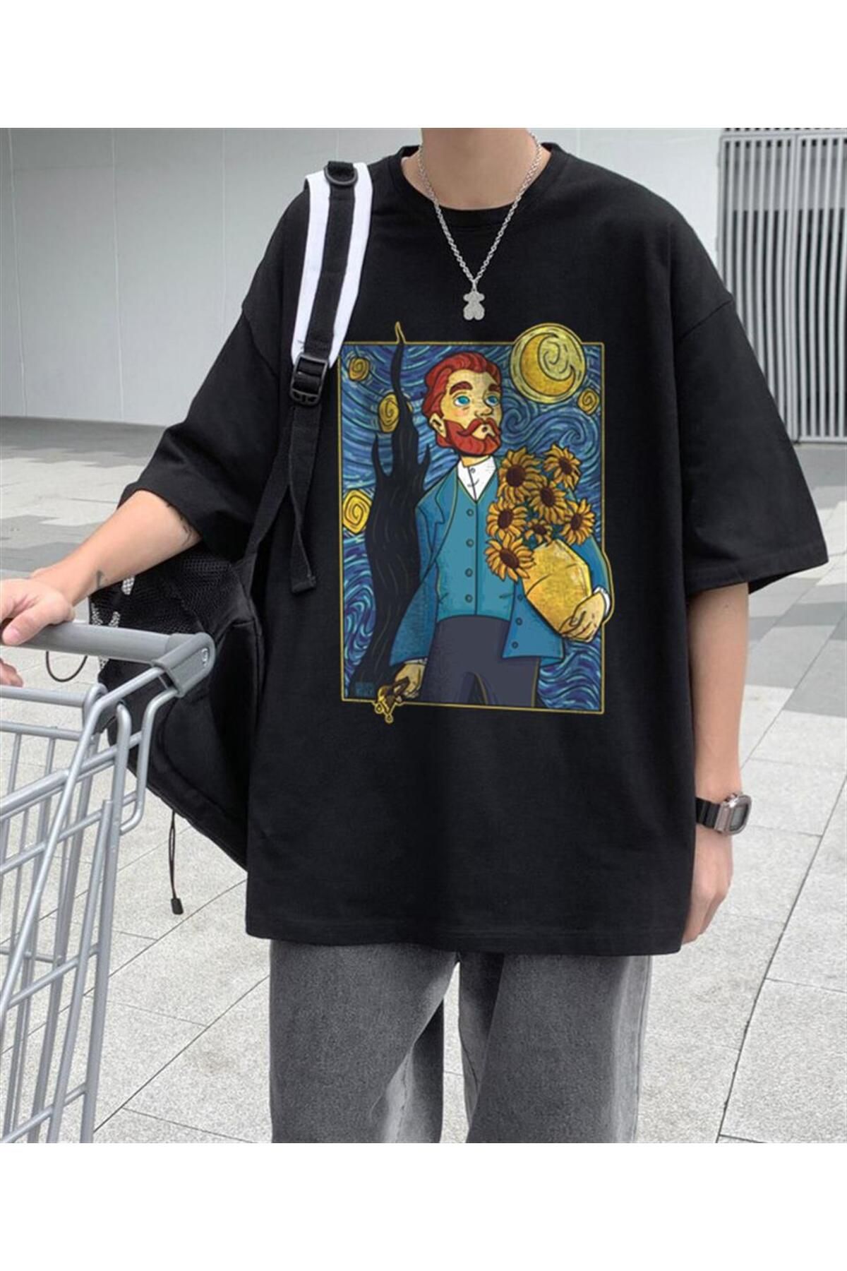 BAREM BUTİK Barem Butik  Van Gogh Starry Night Siyah Unisex Oversize T-shirt