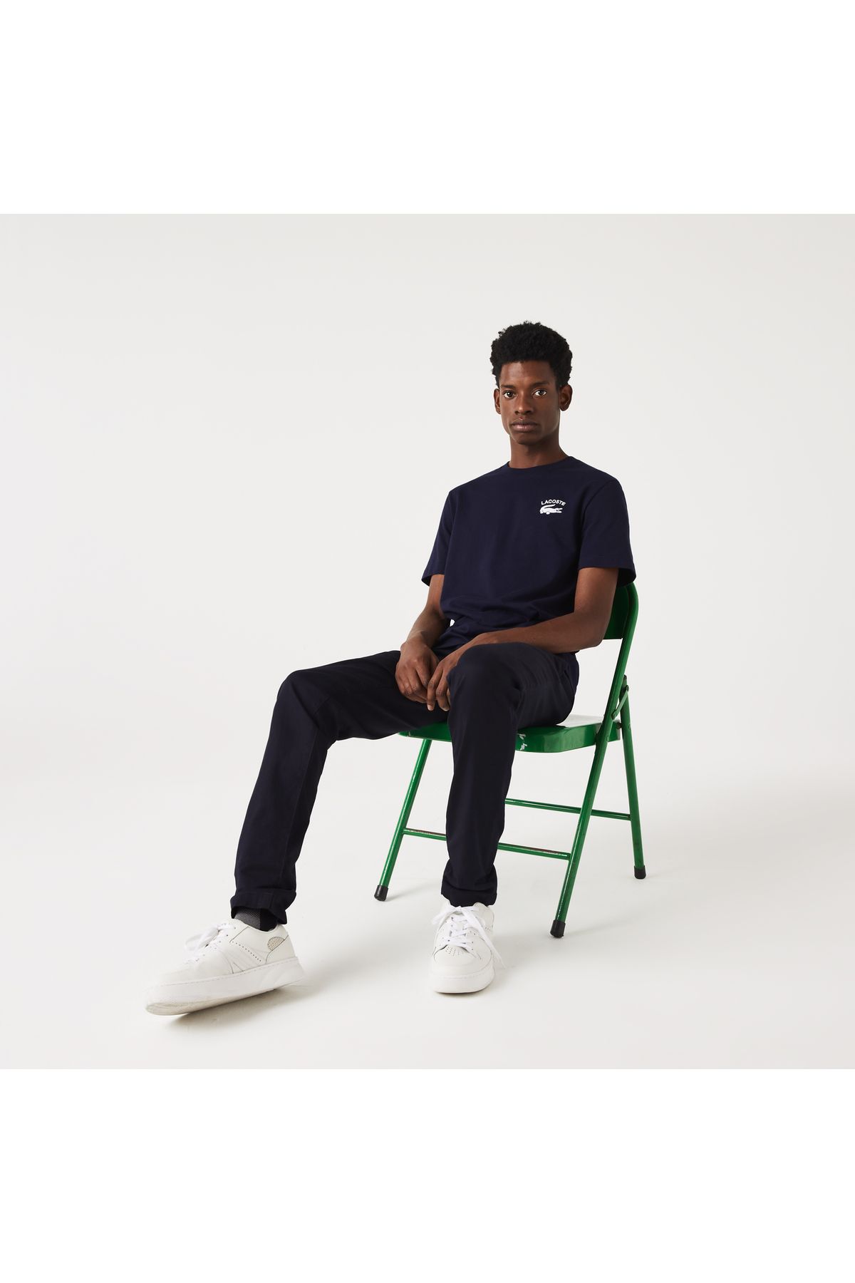 تی شرت آبی مردانه یقه دوچرخه مناسب طرح دار سرمهای Lacoste
